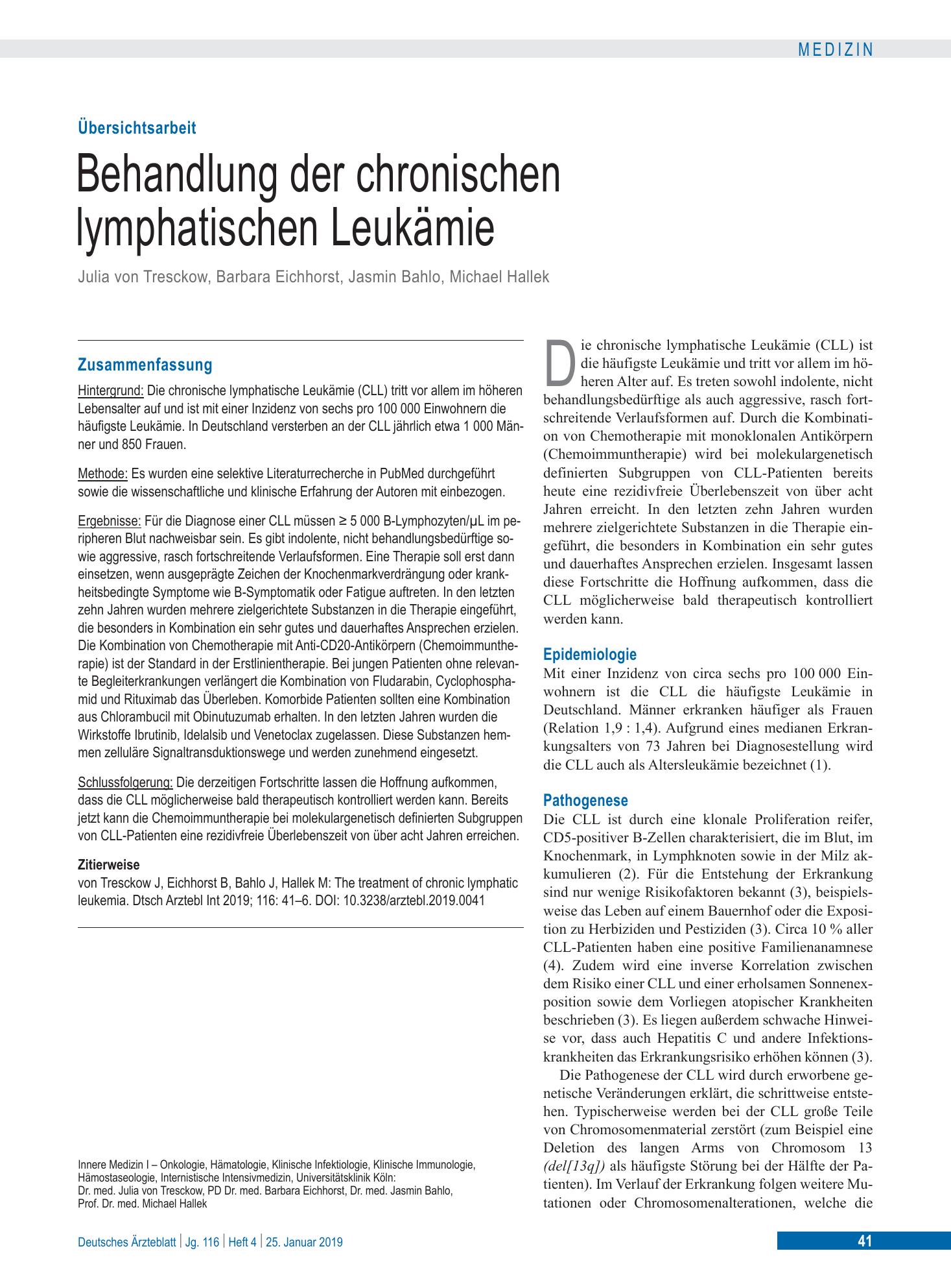 Vorschauseite 1: Behandlung der chronischen lymphatischen Leukämie – Deutsches Ärzteblatt