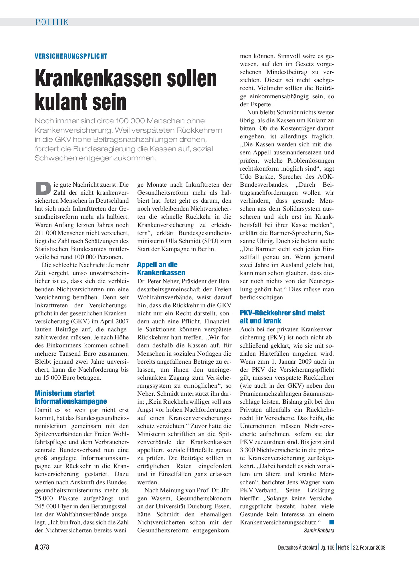Vorschauseite 1: Versicherungspflicht: Krankenkassen sollen kulant sein – Deutsches Ärzteblatt
