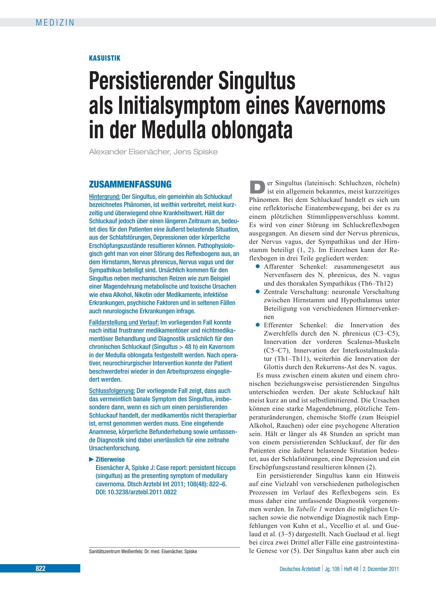 Vorschauseite 1: Persistierender Singultus als Initialsymptom eines Kavernoms in der Medulla oblongata – Deutsches Ärzteblatt