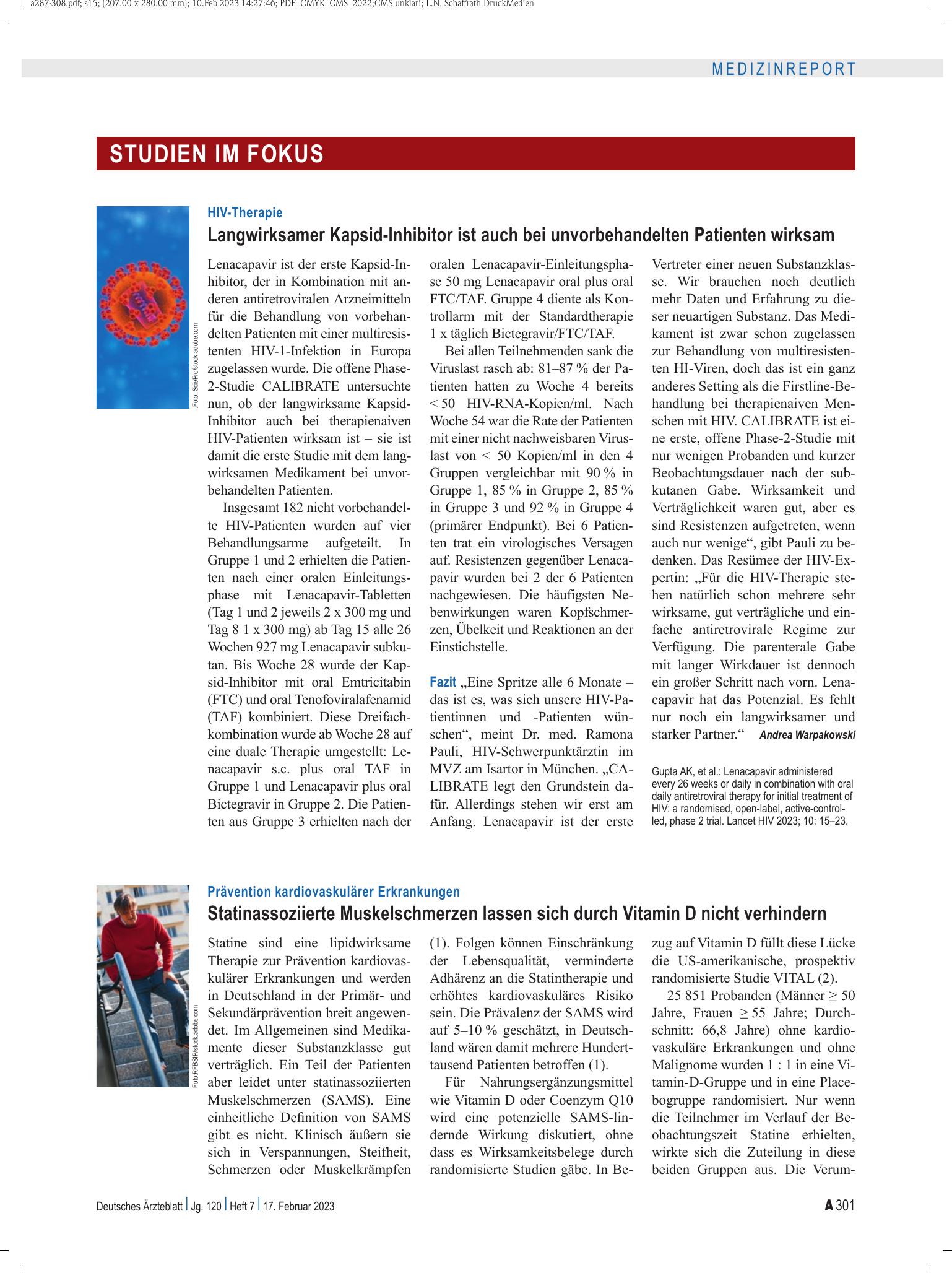 Vorschauseite 1: HIV-Therapie: Langwirksamer Kapsid-Inhibitor ist auch bei unvorbehandelten Patienten wirksam – Deutsches Ärzteblatt