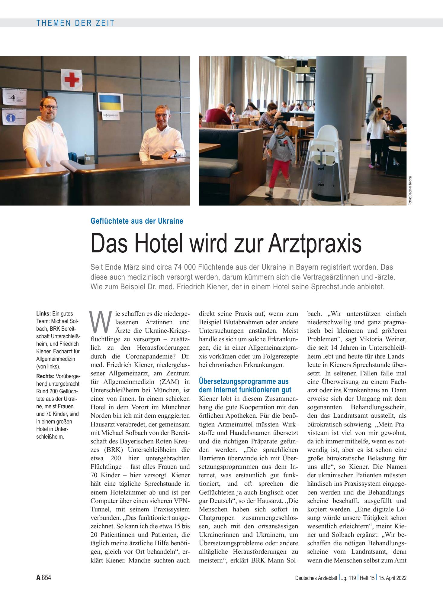 Vorschauseite 1: Geflüchtete aus der Ukraine: Das Hotel wird zur Arztpraxis – Deutsches Ärzteblatt