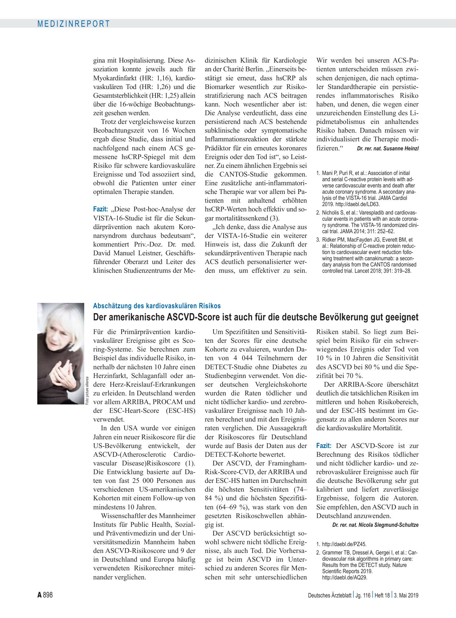 Vorschauseite 1: Abschätzung des kardiovaskulären Risikos: Der amerikanische ASCVD-Score ist auch für die deutsche Bevölkerung gut geeignet – Deutsches Ärzteblatt
