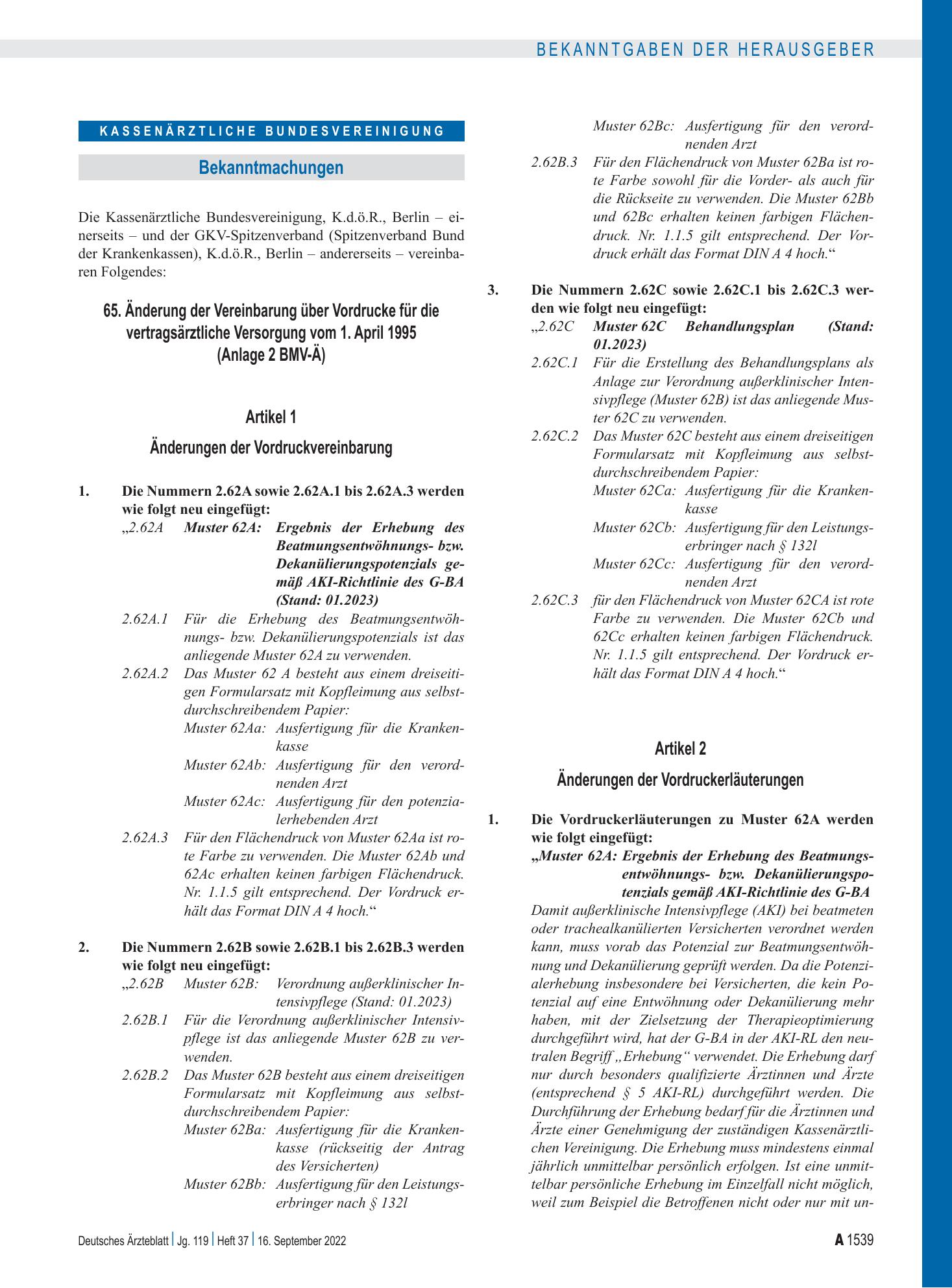Vorschauseite 1: 65. Änderung der Vereinbarung über Vordrucke für die vertragsärztliche Versorgung vom 1. April 1995 (Anlage 2 BMV-Ä) – Deutsches Ärzteblatt