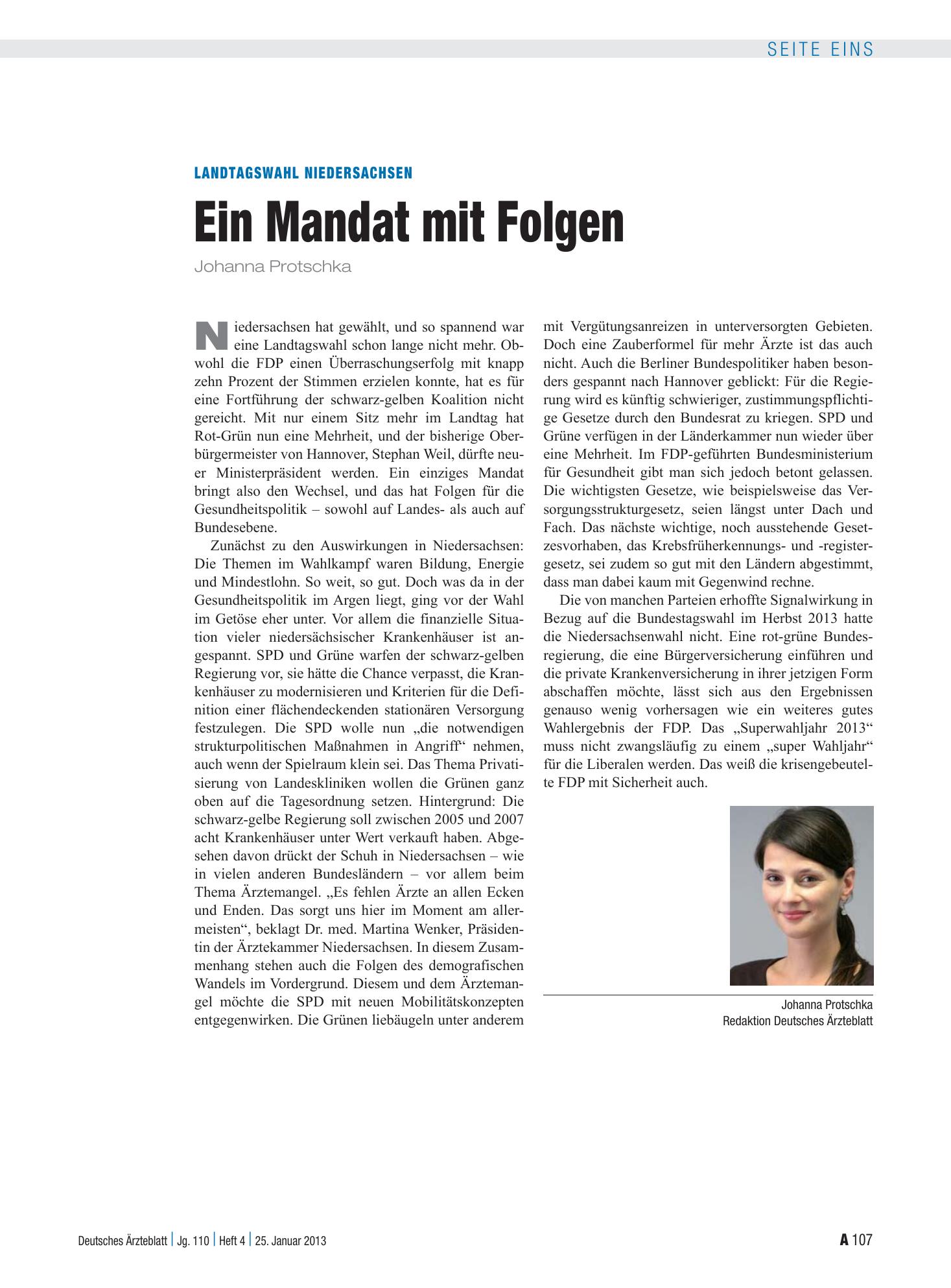 Vorschauseite 1: Landtagswahl Niedersachsen: Ein Mandat mit Folgen – Deutsches Ärzteblatt