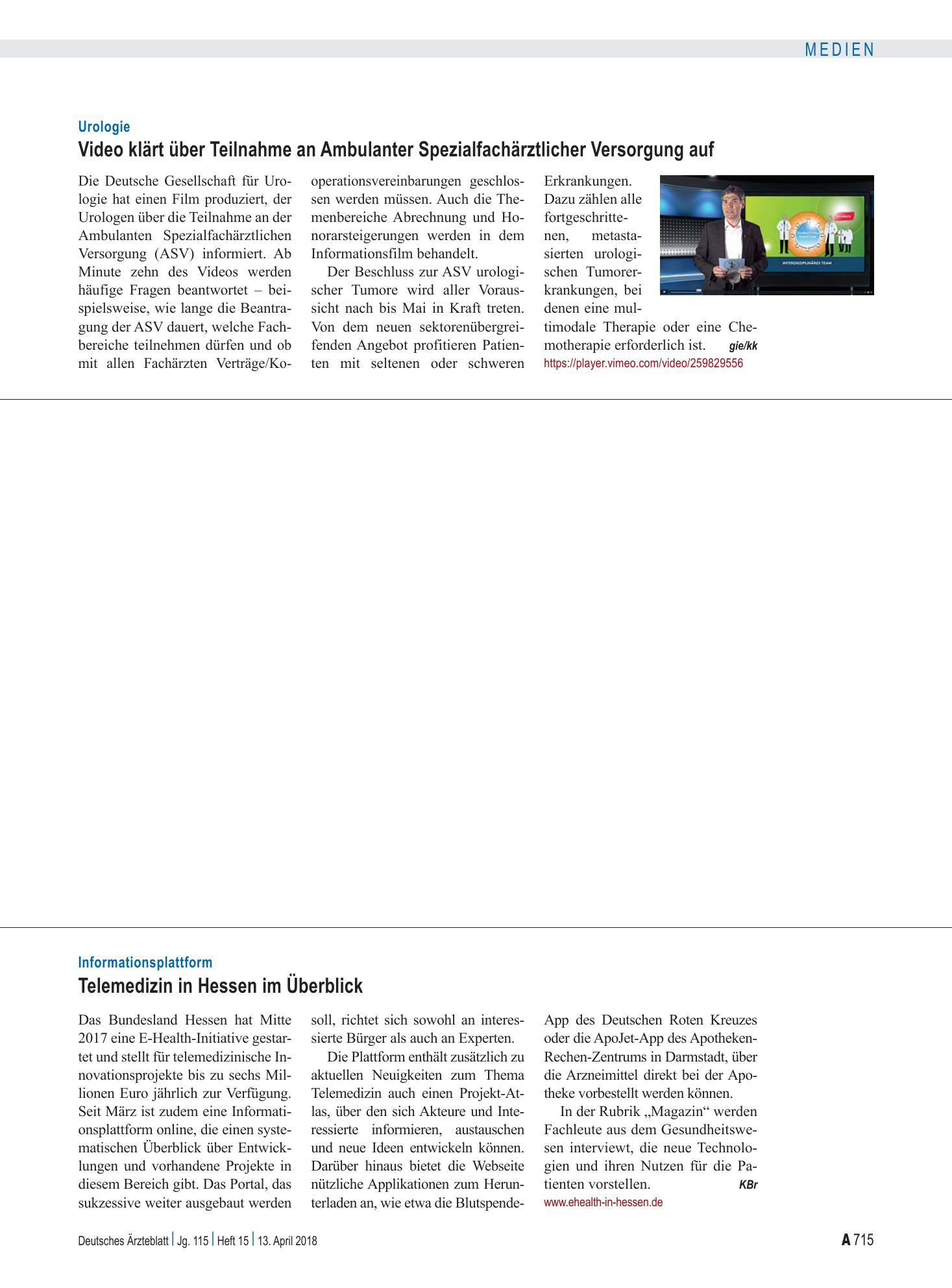 Vorschauseite 1: Informationsplattform: Telemedizin in Hessen im Überblick – Deutsches Ärzteblatt