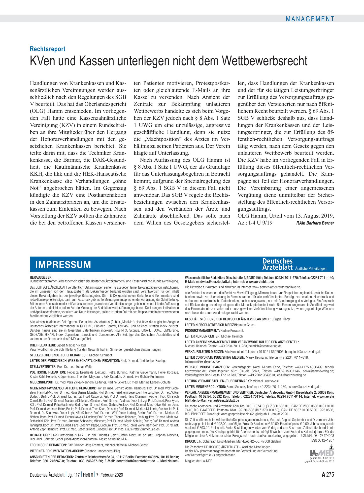 Vorschauseite 1: Rechtsreport: KVen und Kassen unterliegen nicht dem Wettbewerbsrecht – Deutsches Ärzteblatt