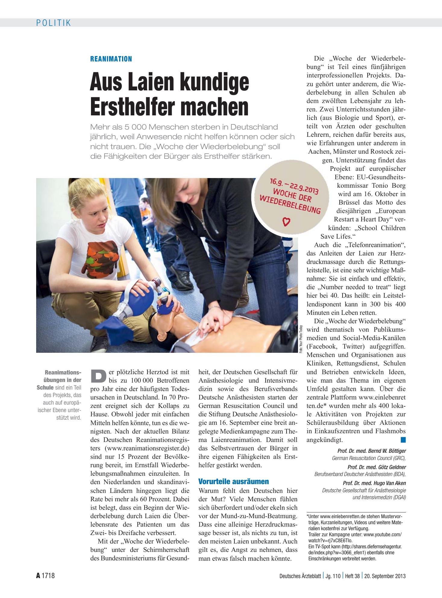 Vorschauseite 1: Reanimation: Aus Laien kundige Ersthelfer machen – Deutsches Ärzteblatt
