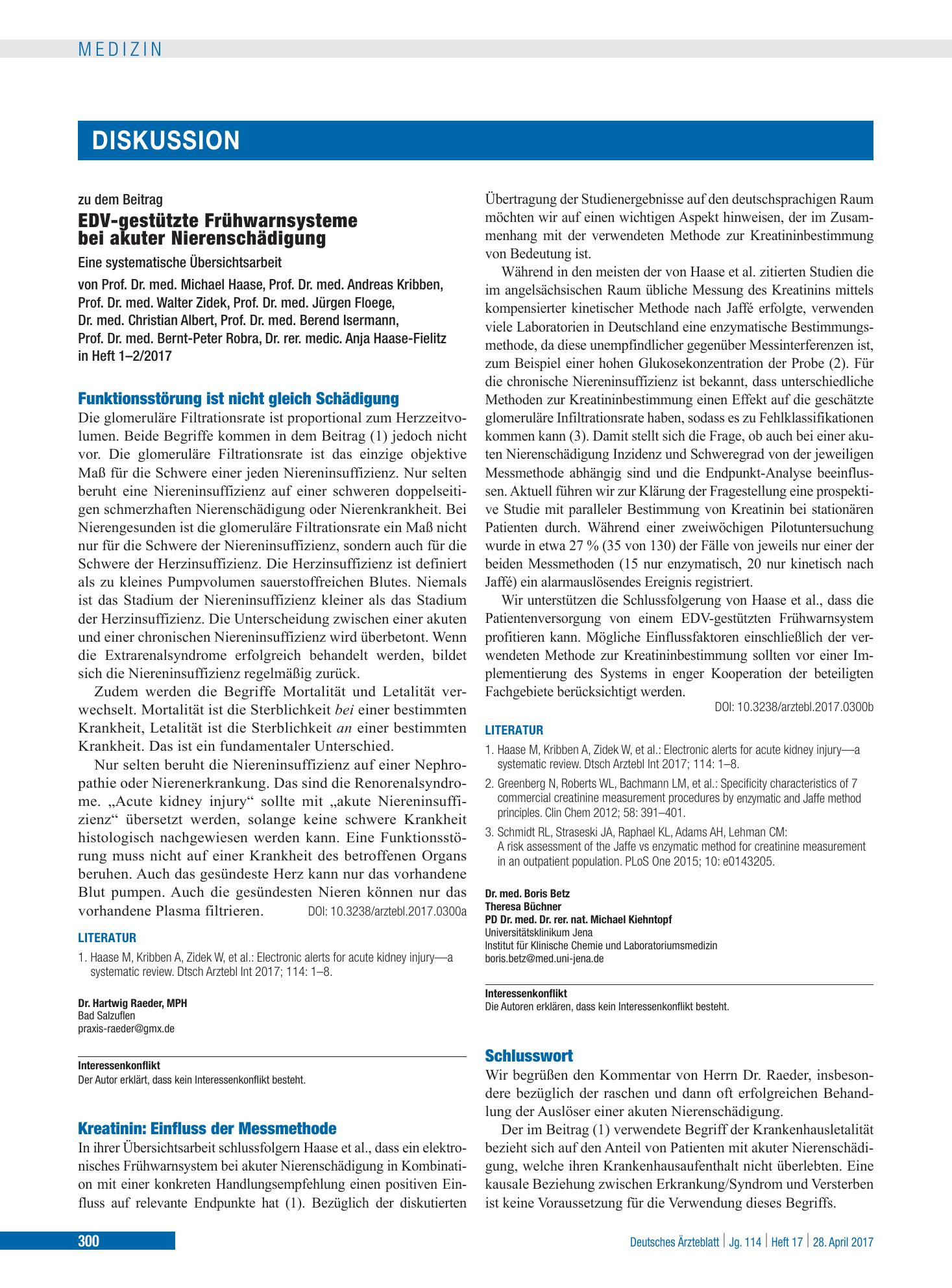Vorschauseite 1: Kreatinin: Einfluss der Messmethode – Deutsches Ärzteblatt