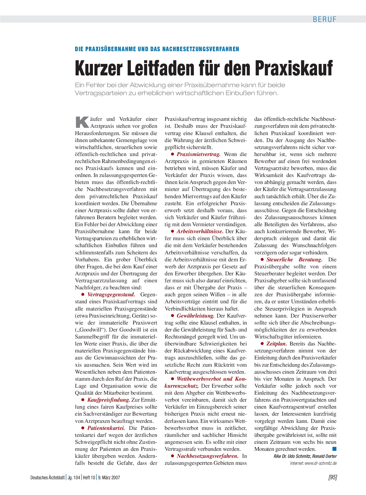 Vorschauseite 1: Die Praxisübernahme und das Nachbesetzungsverfahren: Kurzer Leitfaden für den Praxiskauf – Deutsches Ärzteblatt