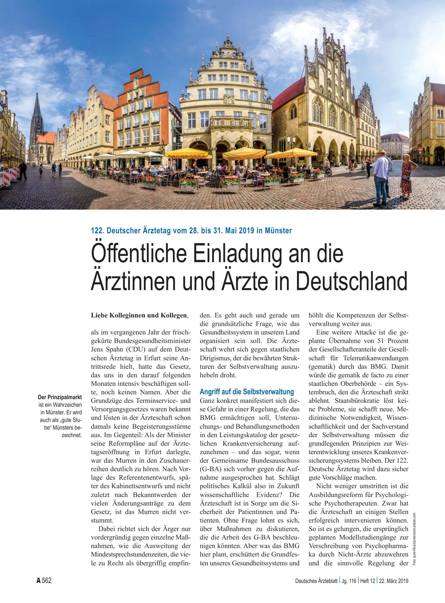 Vorschauseite 1: 122. Deutscher Ärztetag vom 28. bis 31. Mai 2019 in Münster: Öffentliche Einladung an die Ärztinnen und Ärzte in Deutschland – Deutsches Ärzteblatt