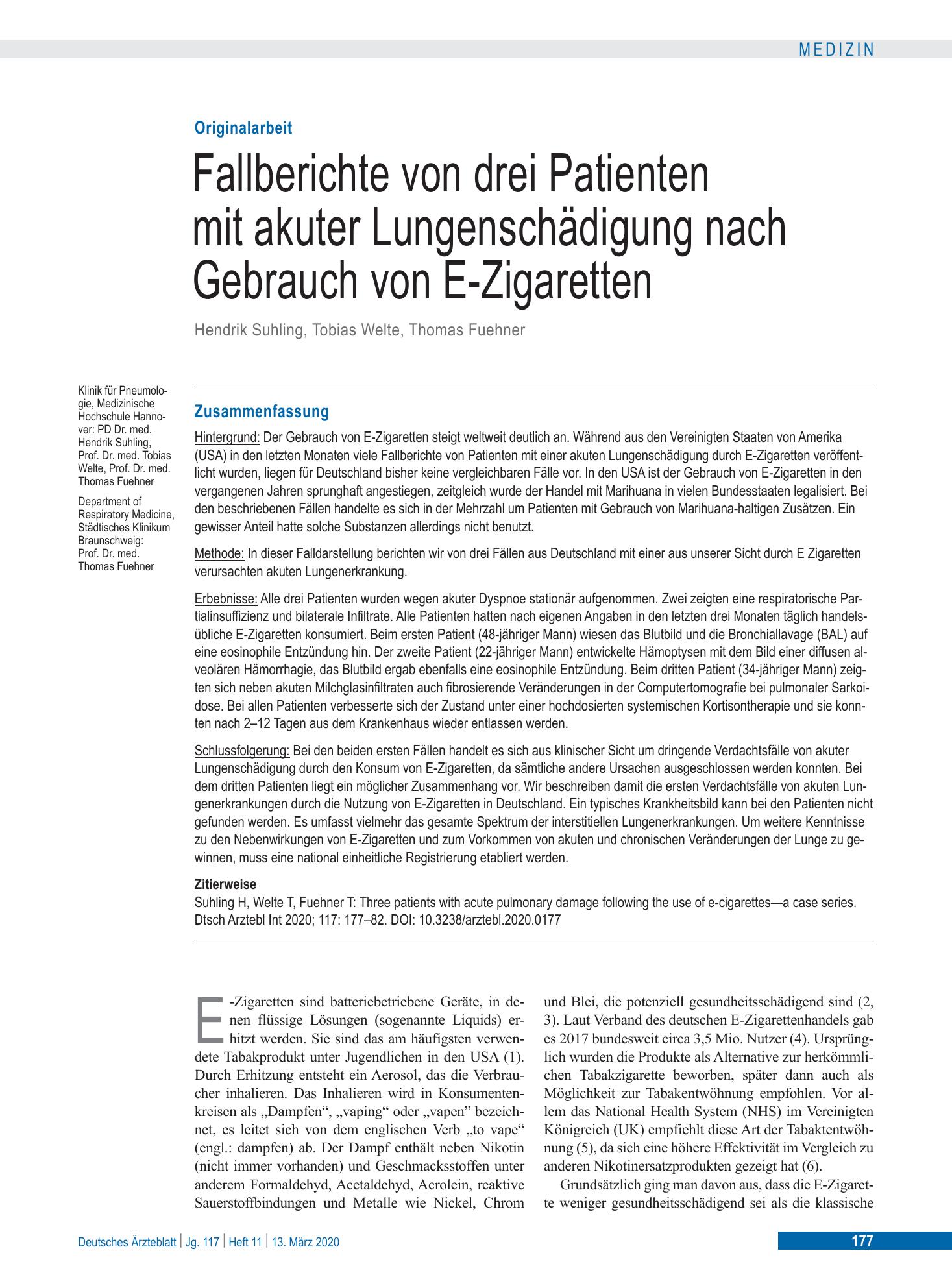 Vorschauseite 1: Fallberichte von drei Patienten mit akuter Lungenschädigung nach Gebrauch von E-Zigaretten – Deutsches Ärzteblatt