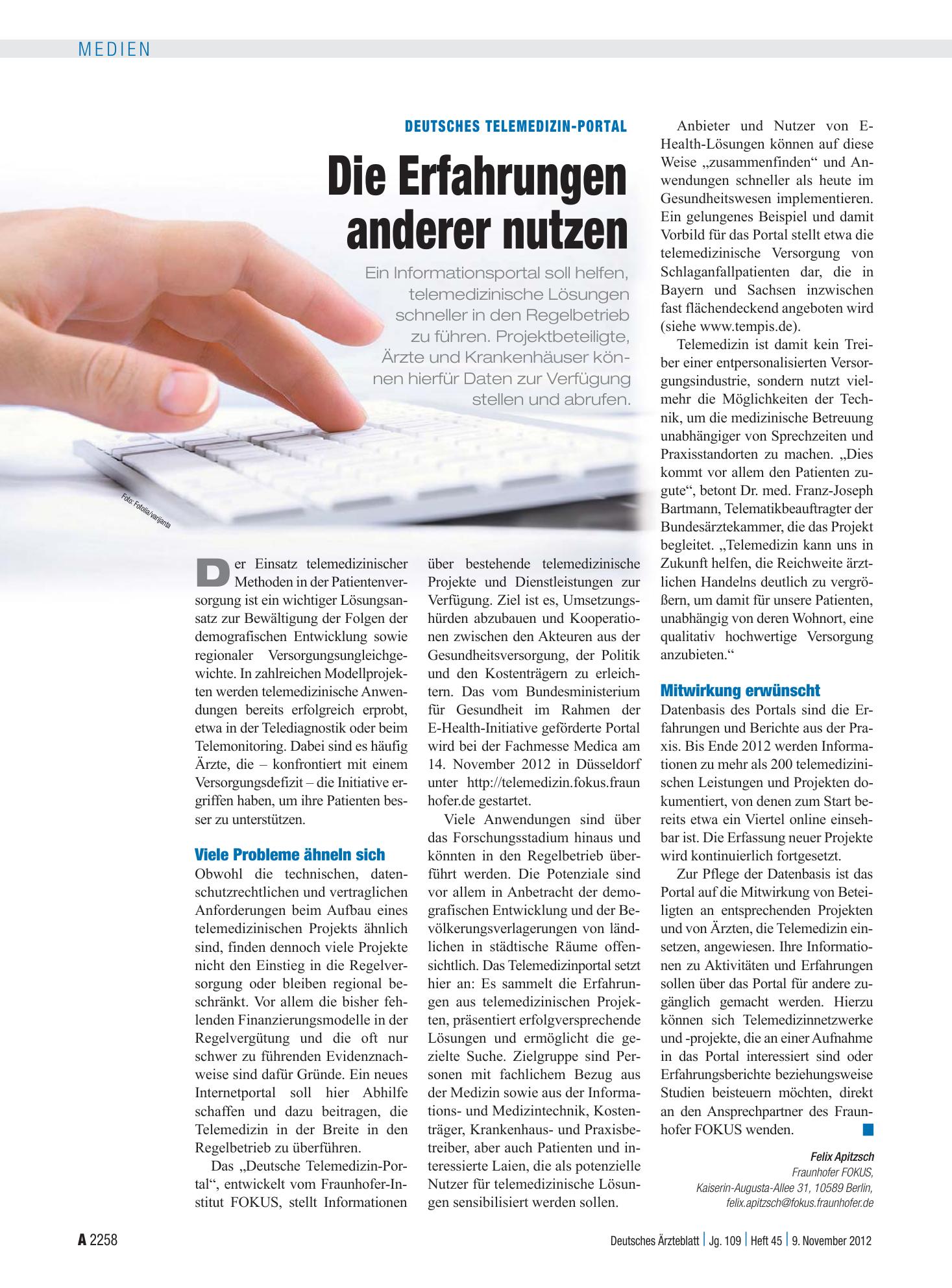 Vorschauseite 1: Deutsches Telemedizin-Portal: Die Erfahrungen anderer nutzen – Deutsches Ärzteblatt