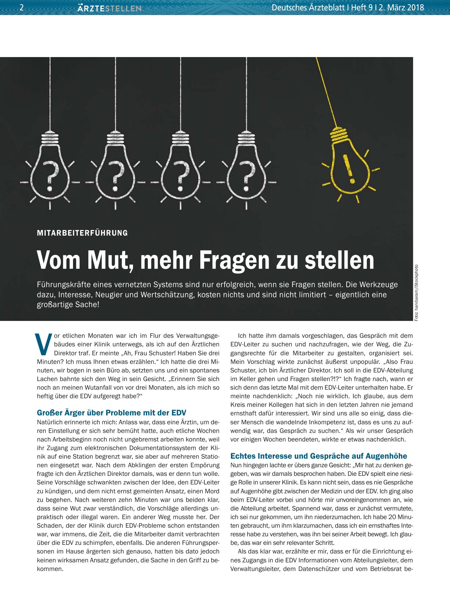 Vorschauseite 1: Mitarbeiterführung: Vom Mut, mehr Fragen zu stellen – Deutsches Ärzteblatt