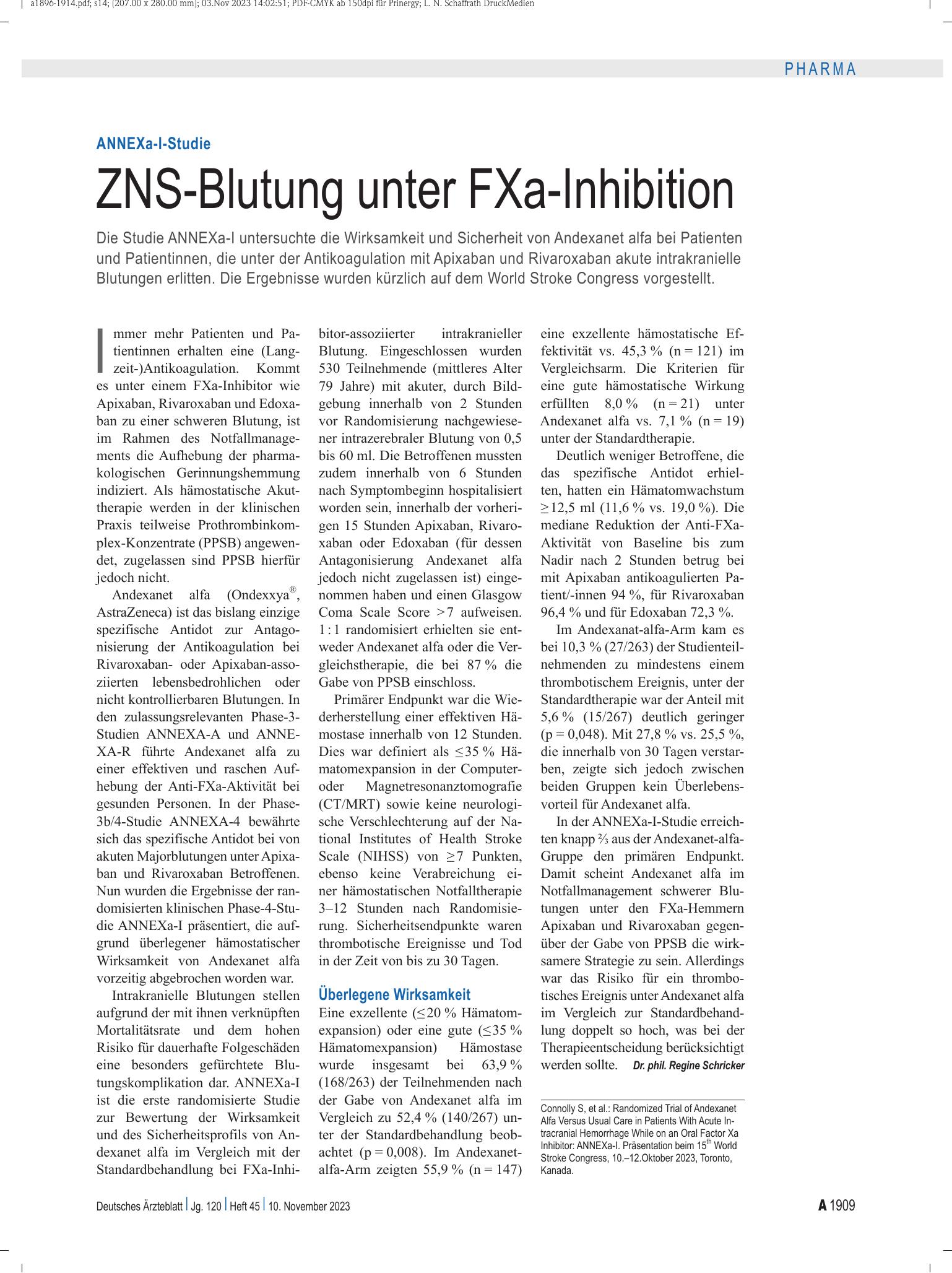 Vorschauseite 1: ANNEXa-I-Studie: ZNS-Blutung unter FXa-Inhibition – Deutsches Ärzteblatt