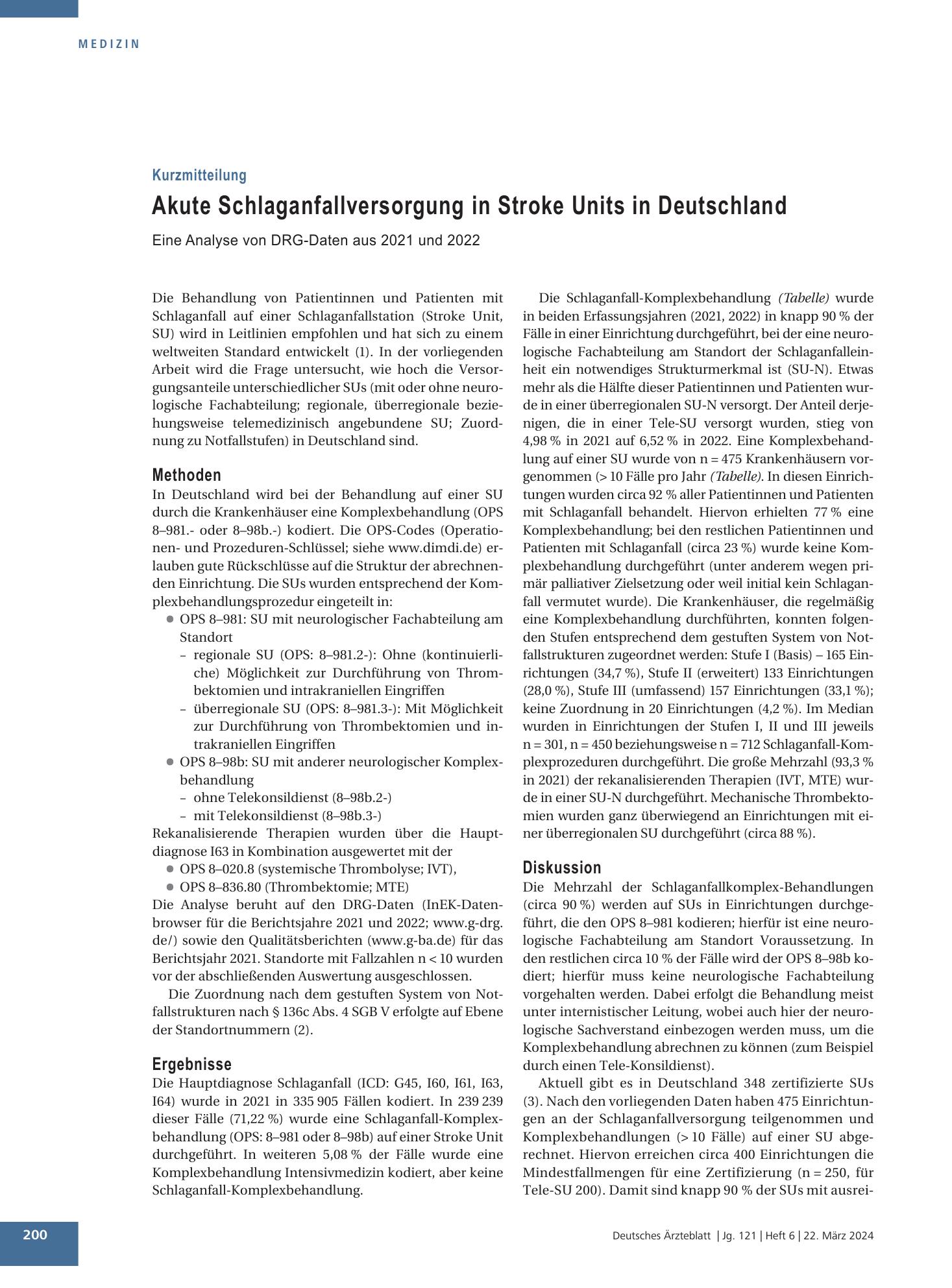 Vorschauseite 1: Akute Schlaganfallversorgung in Stroke Units in Deutschland – Deutsches Ärzteblatt