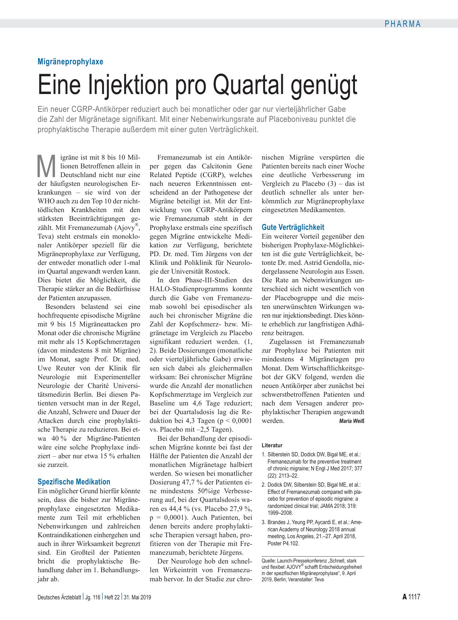 Vorschauseite 1: Migräneprophylaxe: Eine Injektion pro Quartal genügt – Deutsches Ärzteblatt