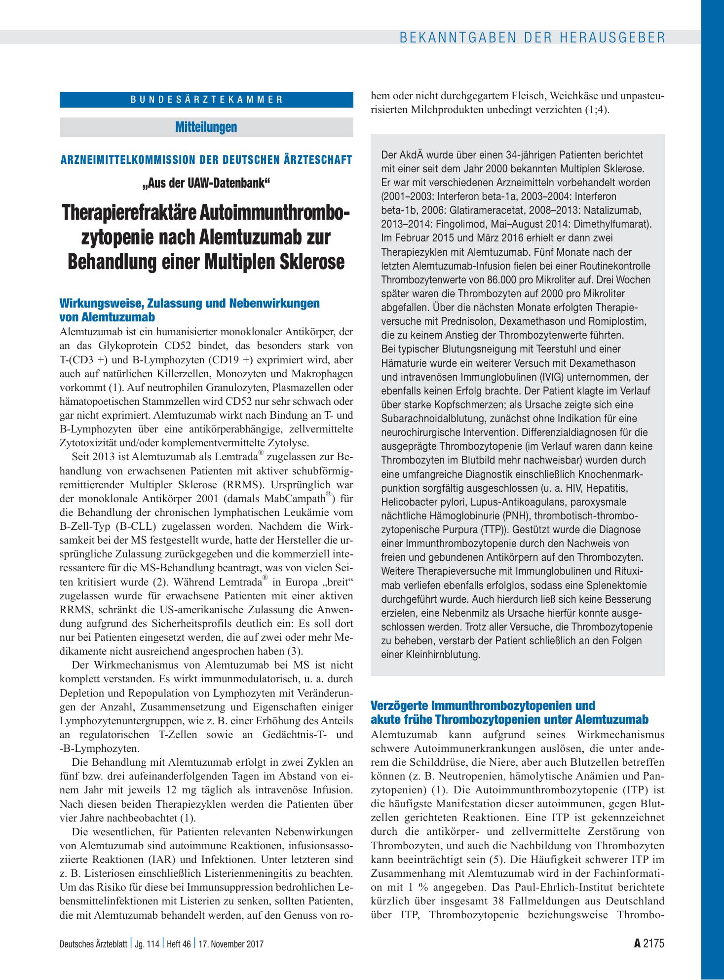 Vorschauseite 1: Arzneimittelkommission der Deutschen Ärzteschaft: „Aus der UAW-Datenbank“ – Deutsches Ärzteblatt