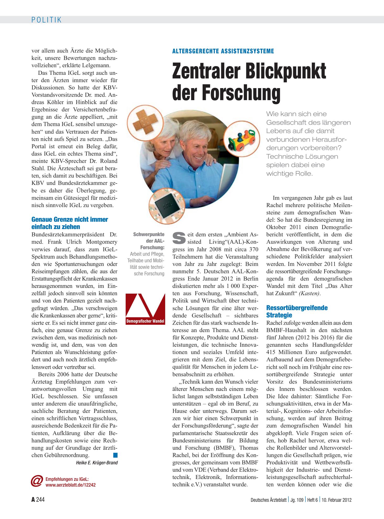 Vorschauseite 1: Altersgerechte Assistenzsysteme: Zentraler Blickpunkt der Forschung – Deutsches Ärzteblatt