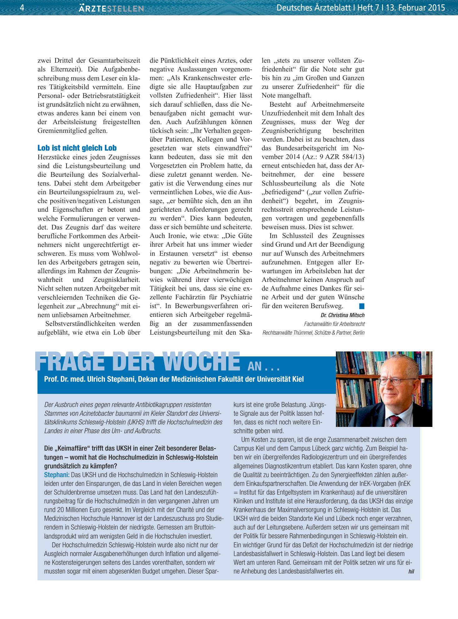Vorschauseite 1: Frage der Woche an . . . Prof. Dr. med. Ulrich Stephani, Dekan der Medizinischen Fakultät der Universität Kiel – Deutsches Ärzteblatt