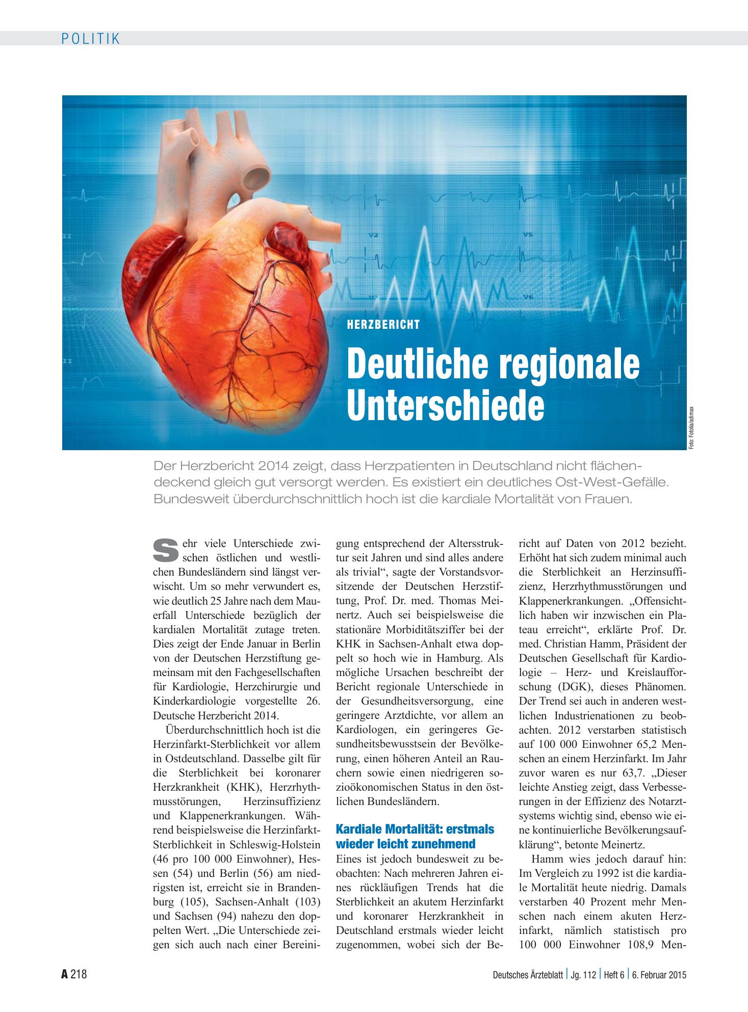 Vorschauseite 1: Herzbericht: Deutliche regionale Unterschiede – Deutsches Ärzteblatt