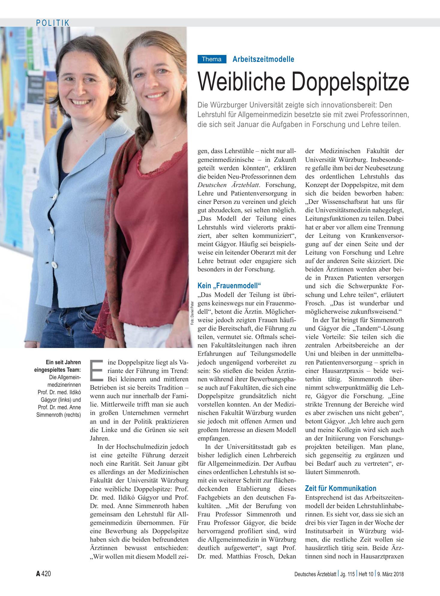 Vorschauseite 1: Arbeitszeitmodelle: Weibliche Doppelspitze – Deutsches Ärzteblatt