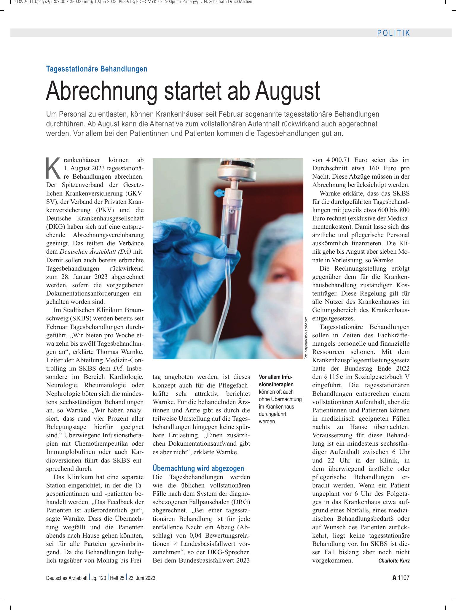 Vorschauseite 1: Tagesstationäre Behandlungen: Abrechnung startet ab August – Deutsches Ärzteblatt
