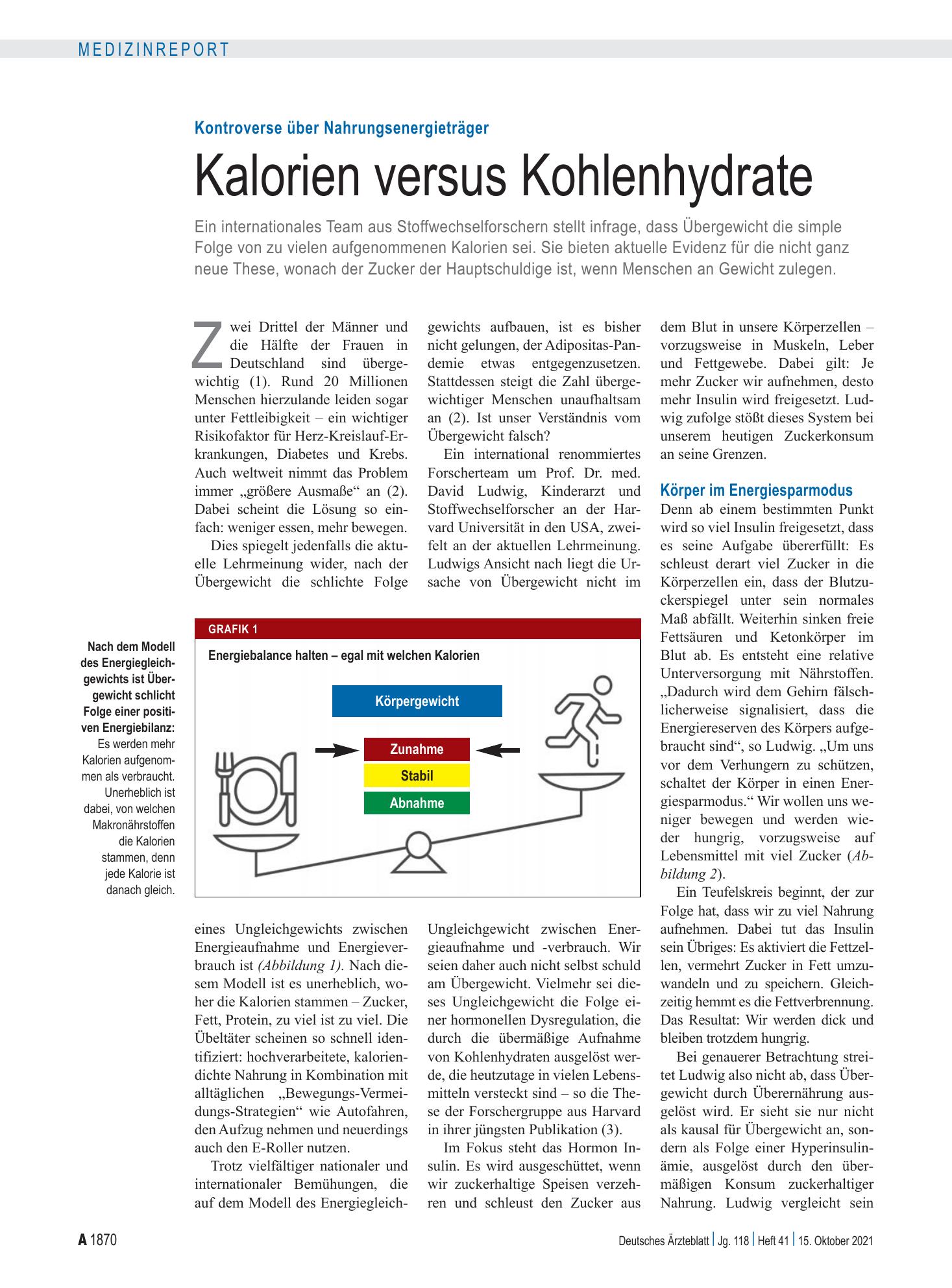 Vorschauseite 1: Kontroverse über Nahrungsenergieträger: Kalorien versus Kohlenhydrate – Deutsches Ärzteblatt