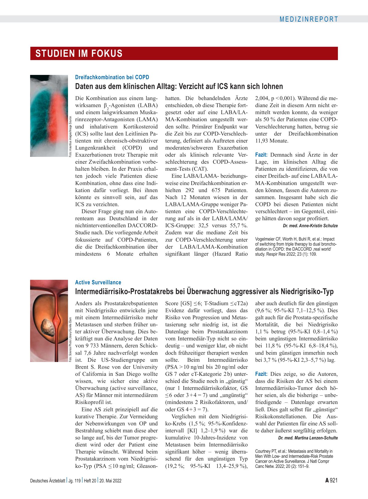 Vorschauseite 1: Active Surveillance: Intermediärrisiko-Prostatakrebs bei Überwachung aggressiver als Niedrigrisiko-Typ – Deutsches Ärzteblatt