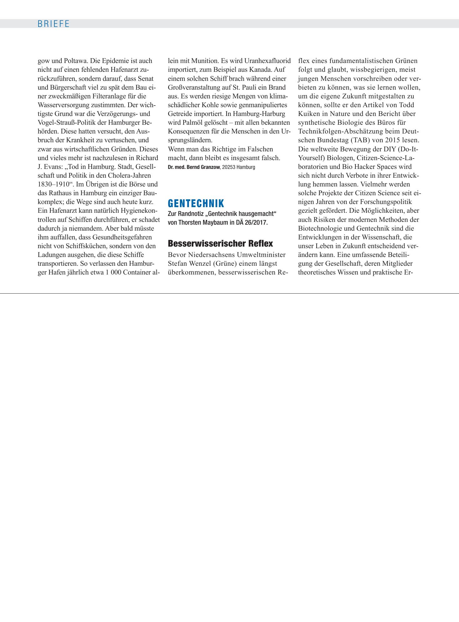Vorschauseite 1: Gentechnik: Besserwisserischer Reflex – Deutsches Ärzteblatt
