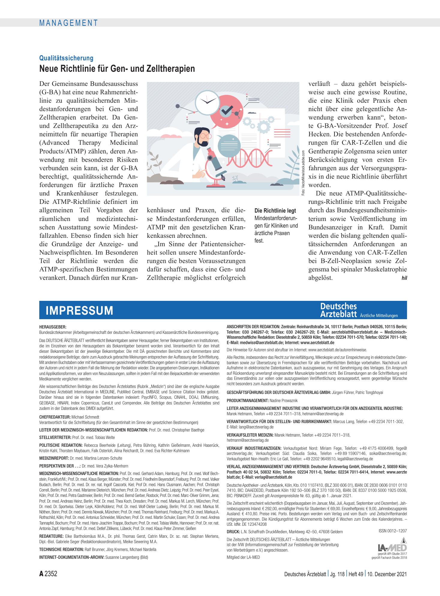 Vorschauseite 1: Qualitätssicherung: Neue Richtlinie für Gen- und Zelltherapien – Deutsches Ärzteblatt