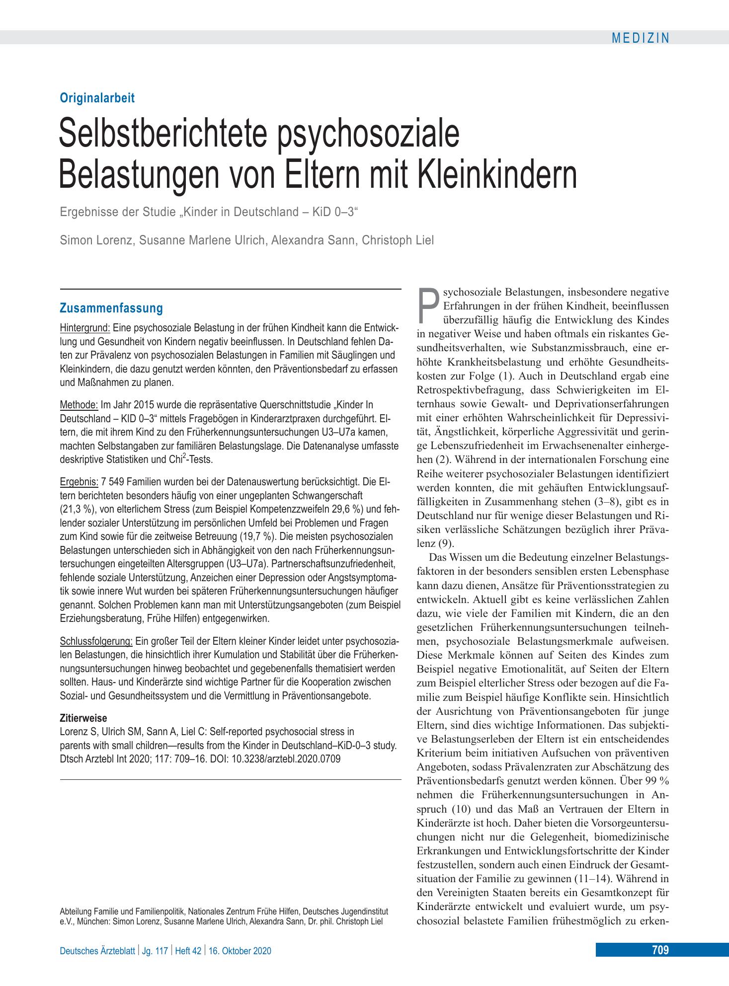 Vorschauseite 1: Selbstberichtete psychosoziale Belastungen von Eltern mit Kleinkindern – Deutsches Ärzteblatt