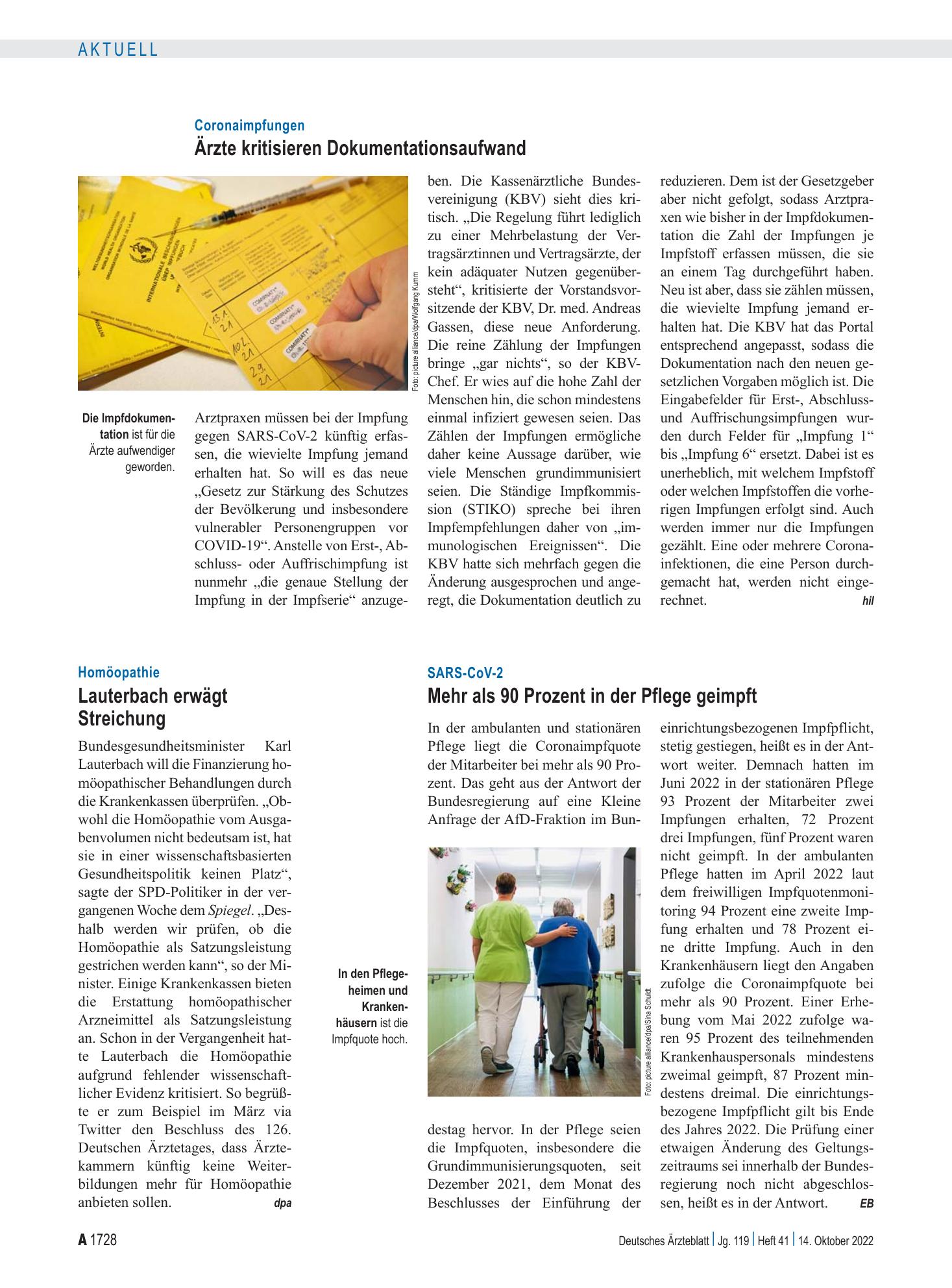 Vorschauseite 1: Coronaimpfungen: Ärzte kritisieren Dokumentationsaufwand – Deutsches Ärzteblatt