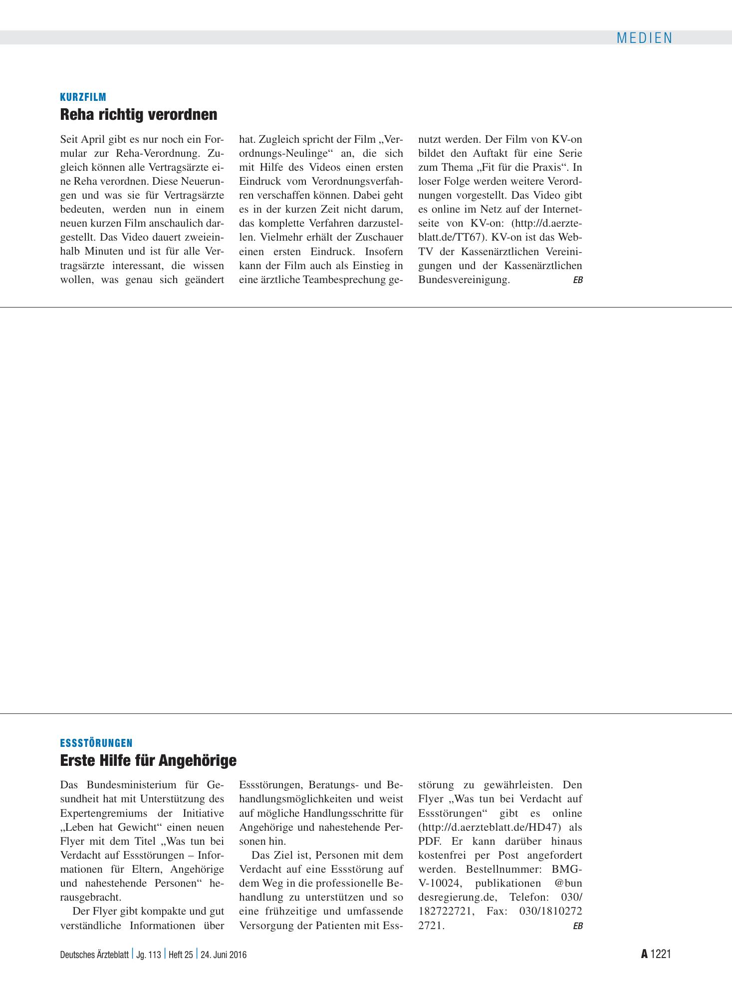 Vorschauseite 1: Essstörungen: Erste Hilfe für Angehörige – Deutsches Ärzteblatt
