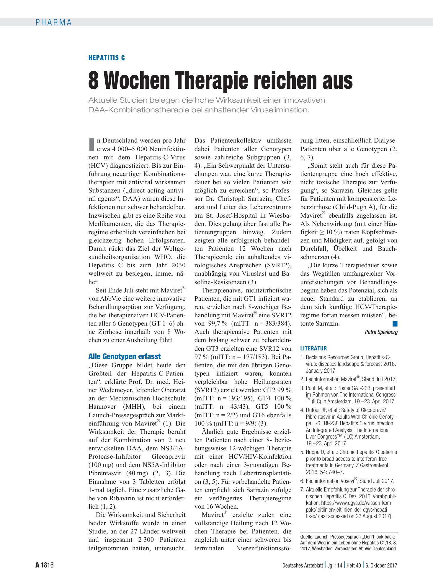 Vorschauseite 1: Hepatitis C: 8 Wochen Therapie reichen aus – Deutsches Ärzteblatt