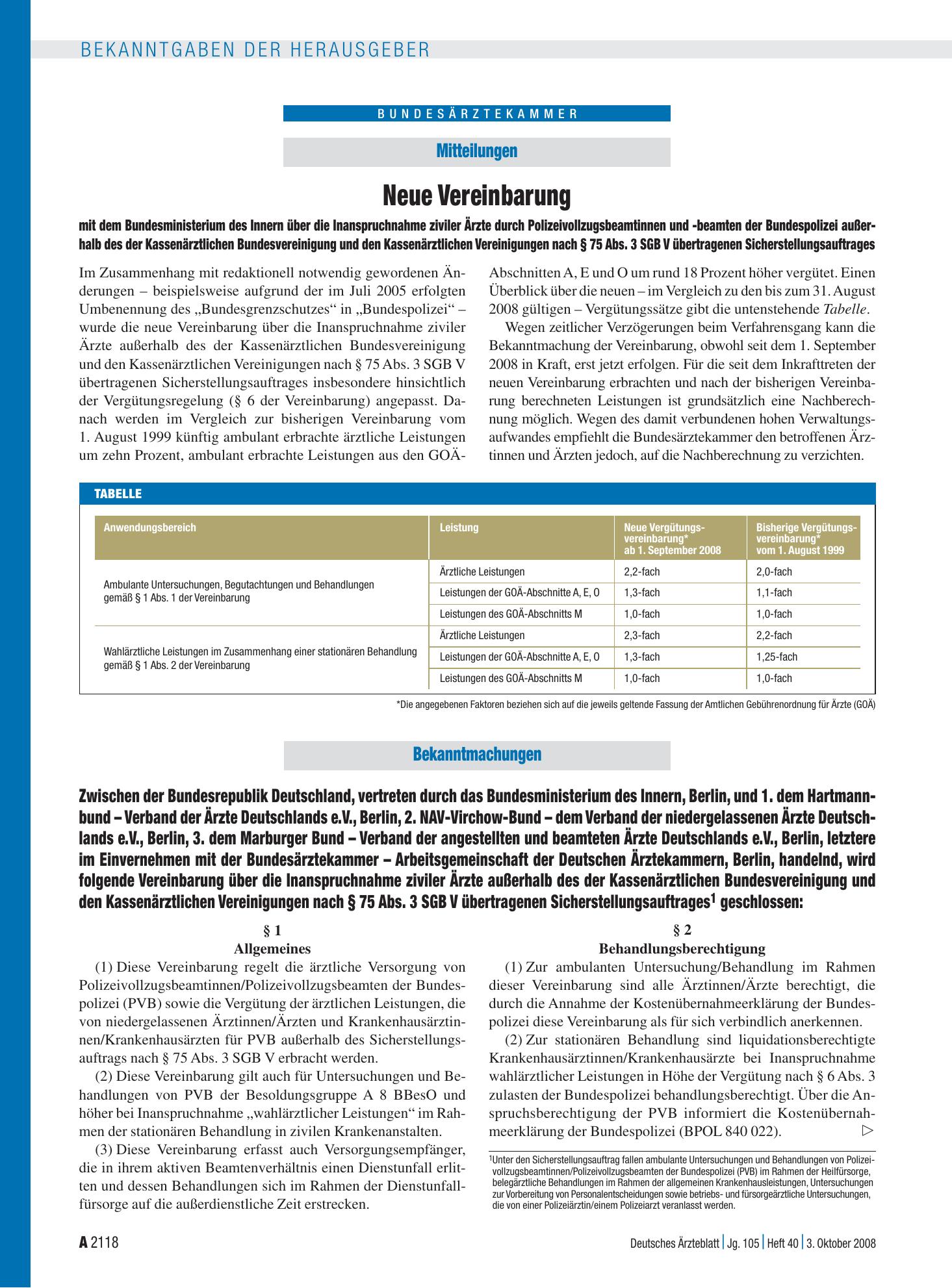 Vorschauseite 1: Neue Vereinbarung mit dem Bundesministerium des Innern über die Inanspruchnahme ziviler Ärzte durch Polizeivollzugsbeamtinnen und -beamten der Bundespolizei außerhalb des der Kass…