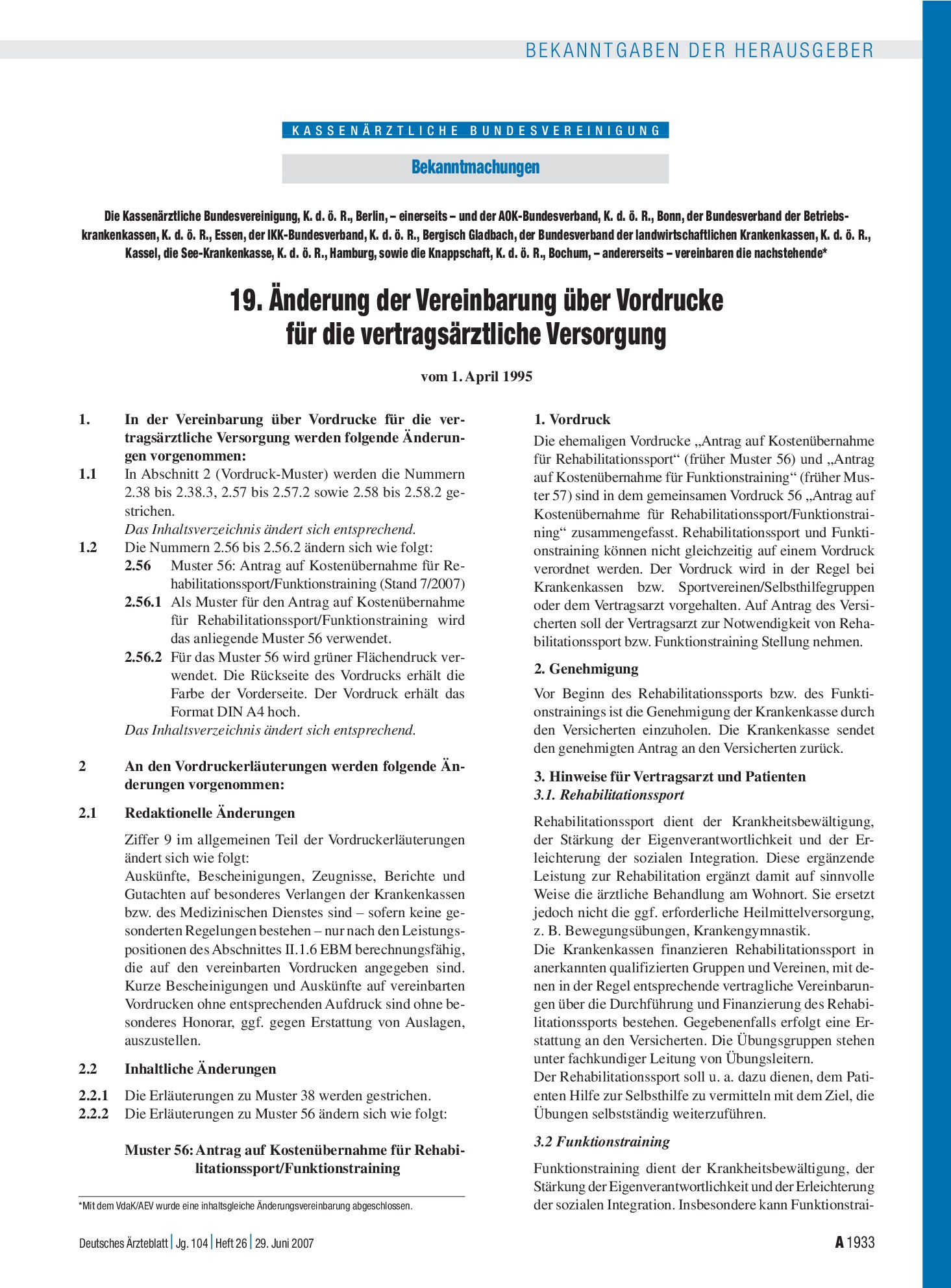 Vorschauseite 1: 19. Änderung der Vereinbarung über Vordrucke für die vertragsärztliche Versorgung vom 1. April 1995 – Deutsches Ärzteblatt