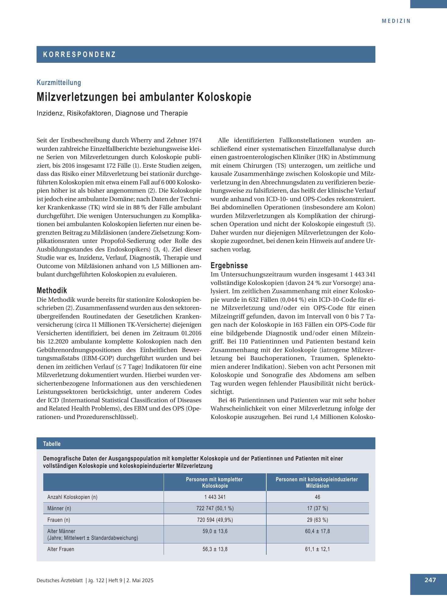 Vorschauseite 1: Milzverletzungen bei ambulanter Koloskopie – Deutsches Ärzteblatt