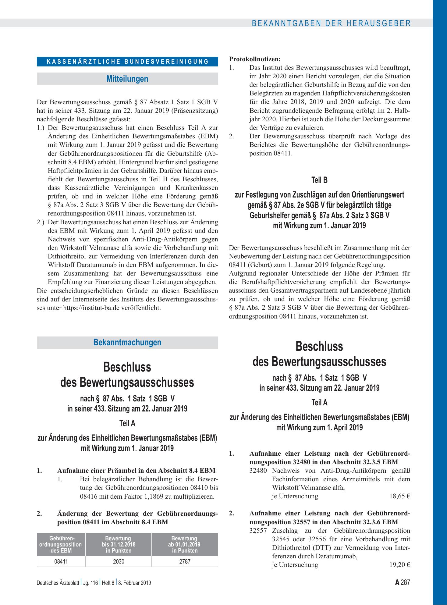 Vorschauseite 1: Beschluss des Bewertungsausschusses nach § 87 Abs. 1 Satz 1 SGB V in seiner 433. Sitzung am 22. Januar 2019: Teil A zur Änderung des Einheitlichen Bewertungsmaßstabes (EBM), Teil…
