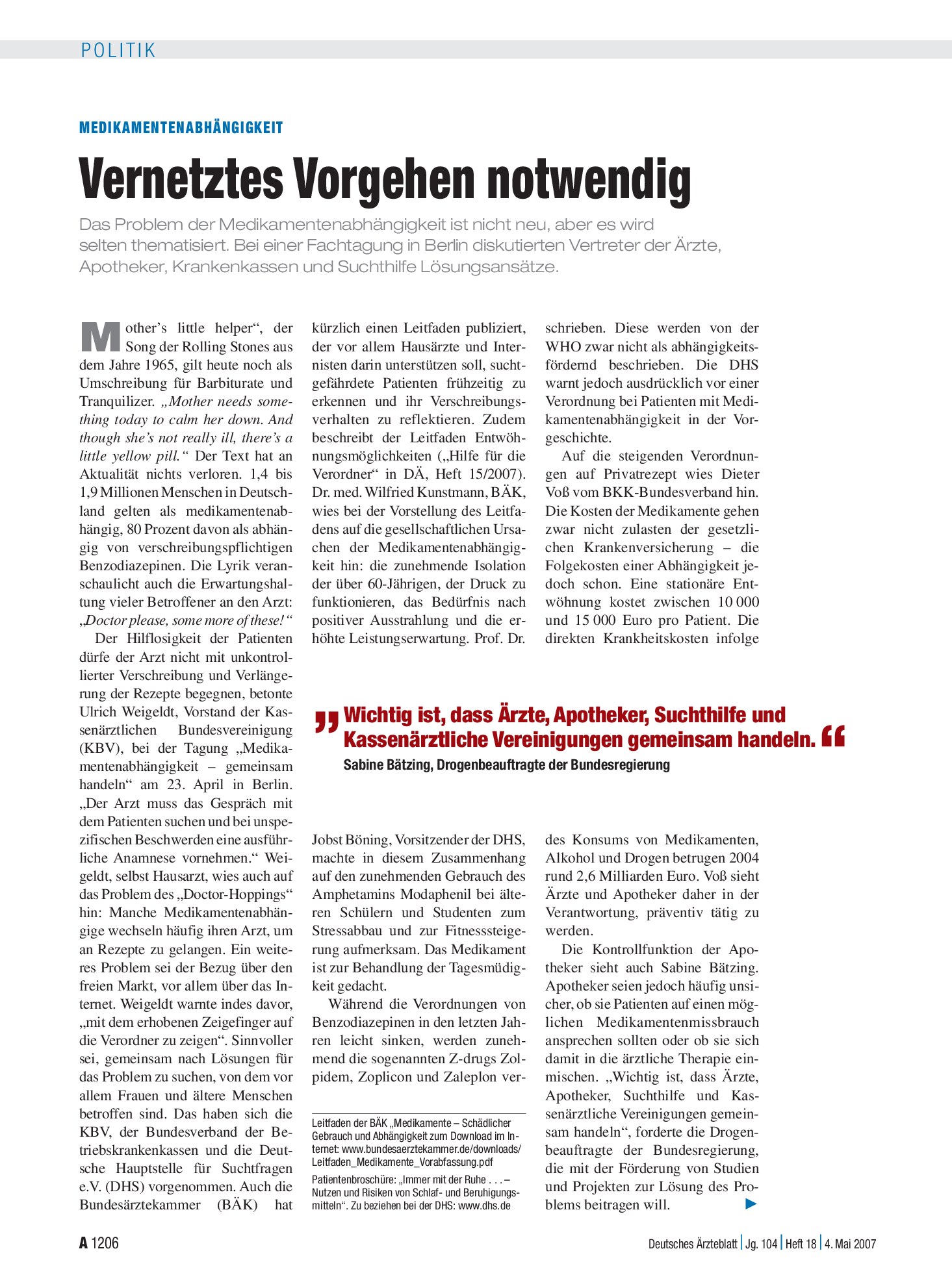 Vorschauseite 1: Medikamentenabhängigkeit: Vernetztes Vorgehen notwendig – Deutsches Ärzteblatt