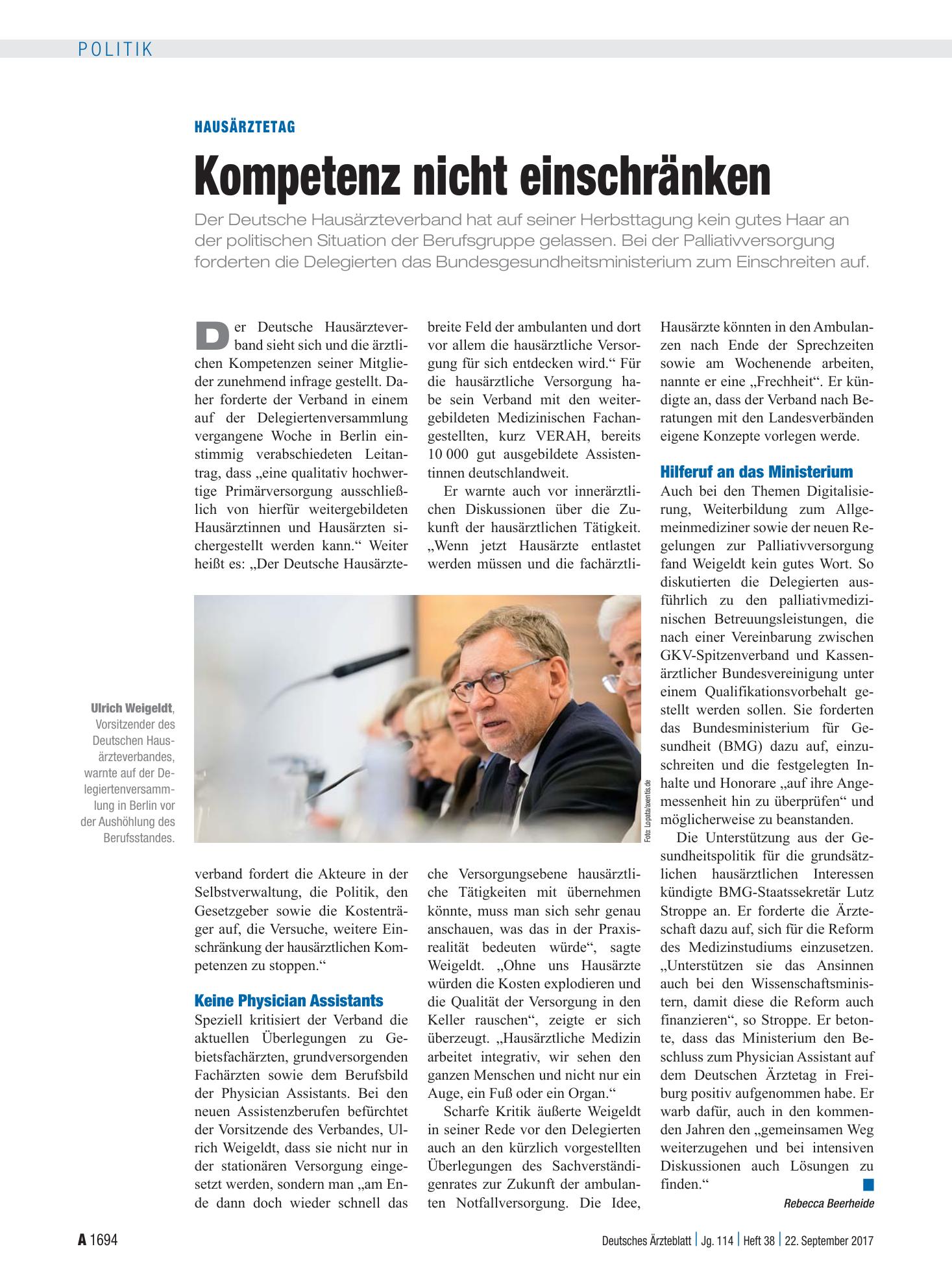 Vorschauseite 1: Hausärztetag: Kompetenz nicht einschränken – Deutsches Ärzteblatt