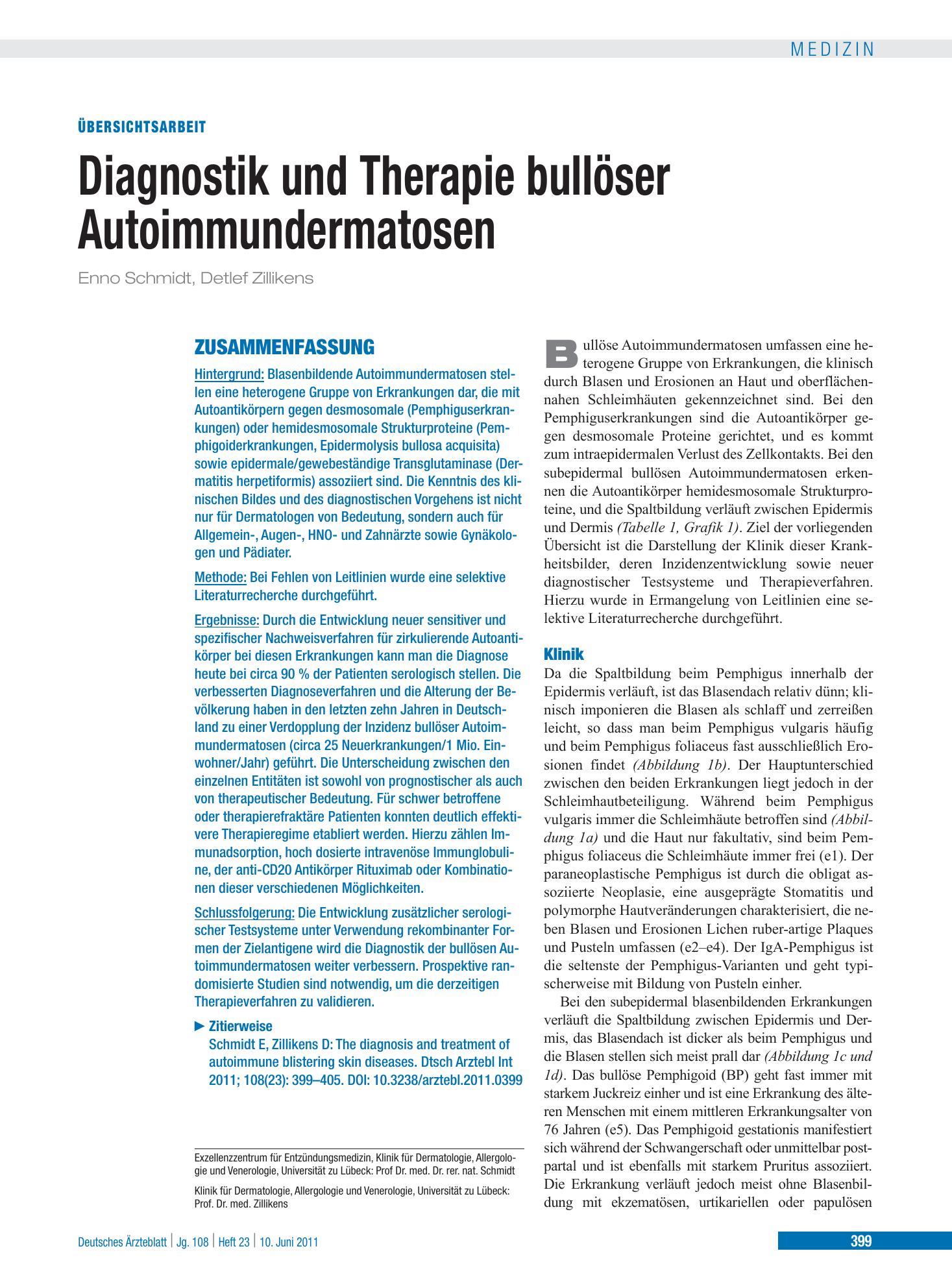Vorschauseite 1: Diagnostik und Therapie bullöser Autoimmundermatosen – Deutsches Ärzteblatt