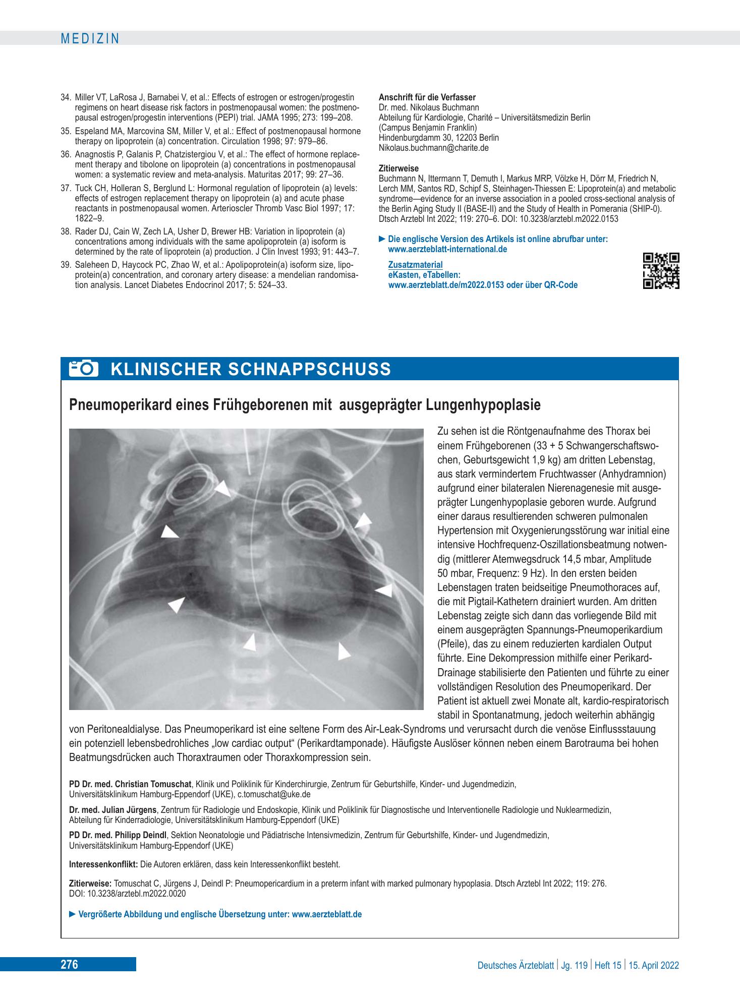 Vorschauseite 1: Pneumoperikard eines Frühgeborenen mit ausgeprägter Lungenhypoplasie – Deutsches Ärzteblatt