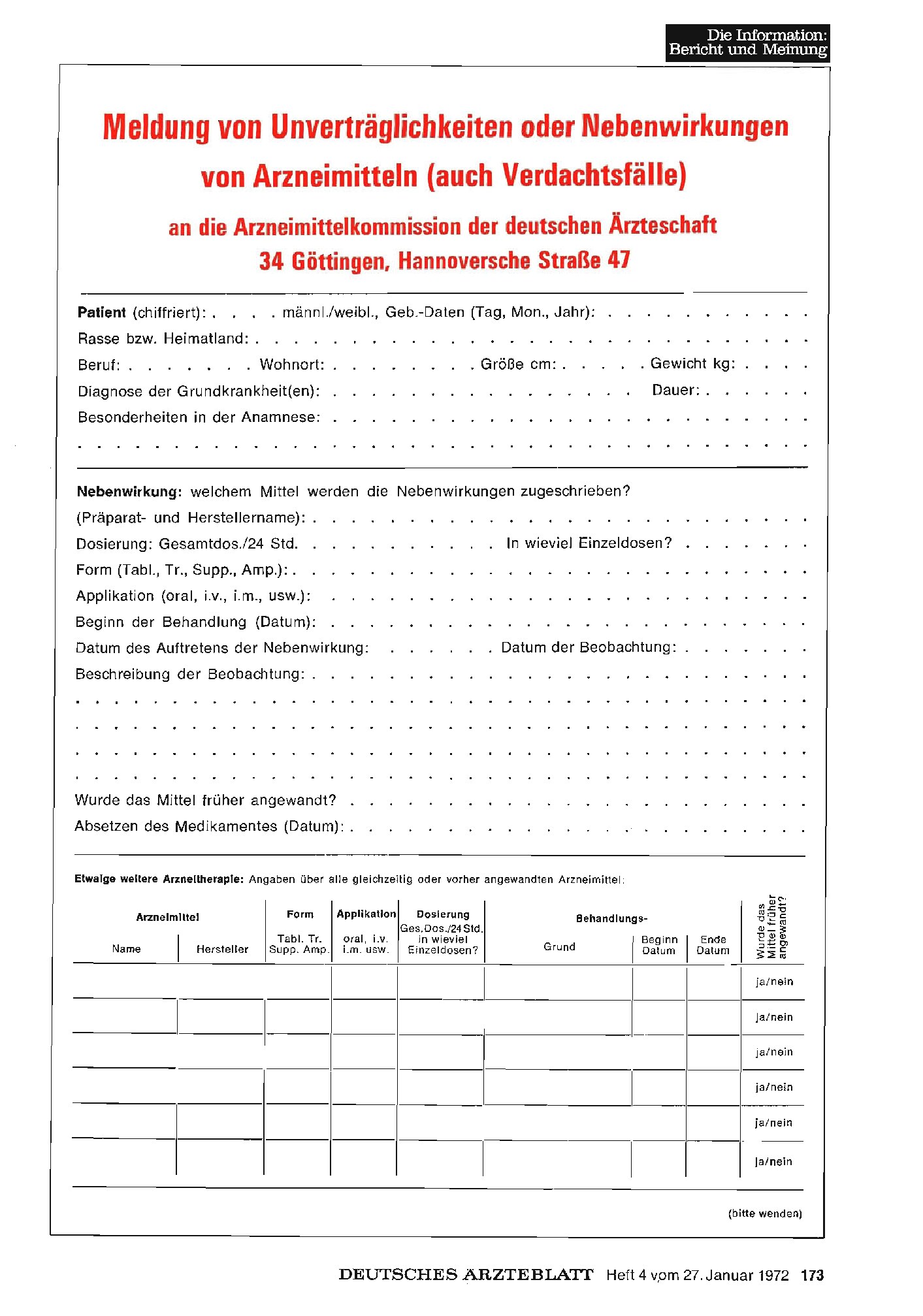 Vorschauseite 1: Meldung von Unverträglichkeiten oder Nebenwirkungen von Arzneimitteln