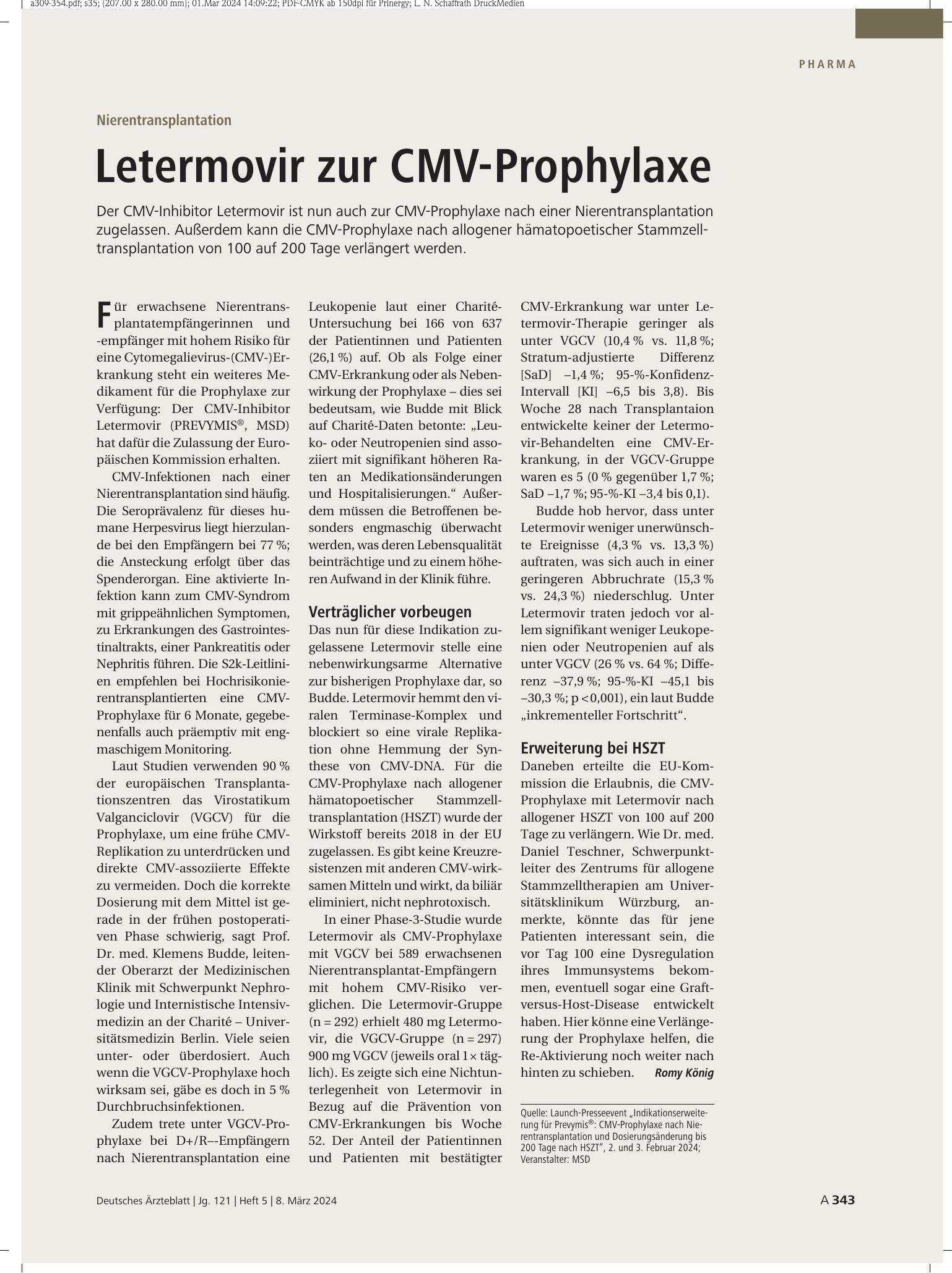 Vorschauseite 1: Nierentransplantation: Letermovir zur CMV-Prophylaxe – Deutsches Ärzteblatt