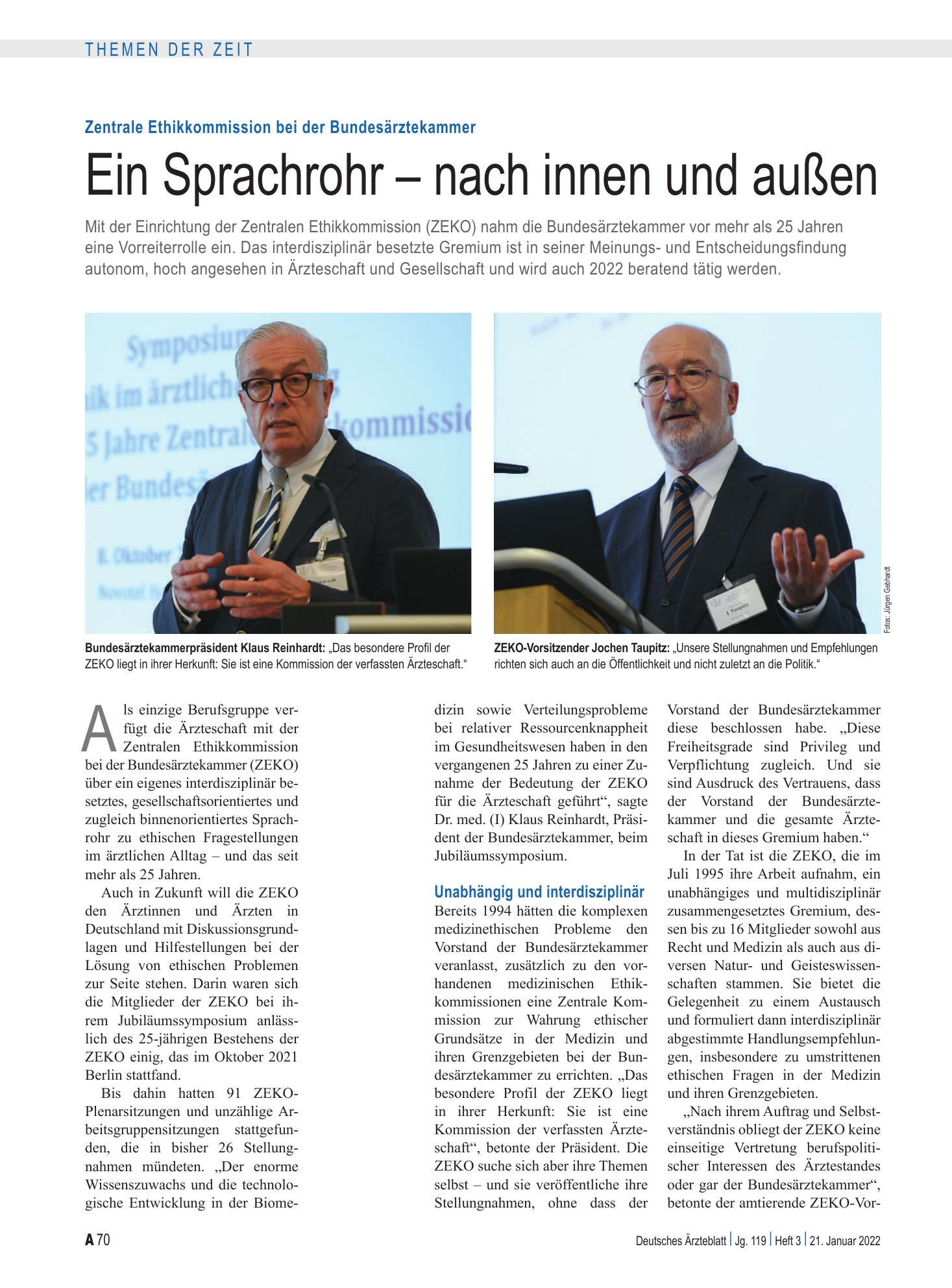 Vorschauseite 1: Zentrale Ethikkommission bei der Bundesärztekammer: Ein Sprachrohr – nach innen und außen – Deutsches Ärzteblatt