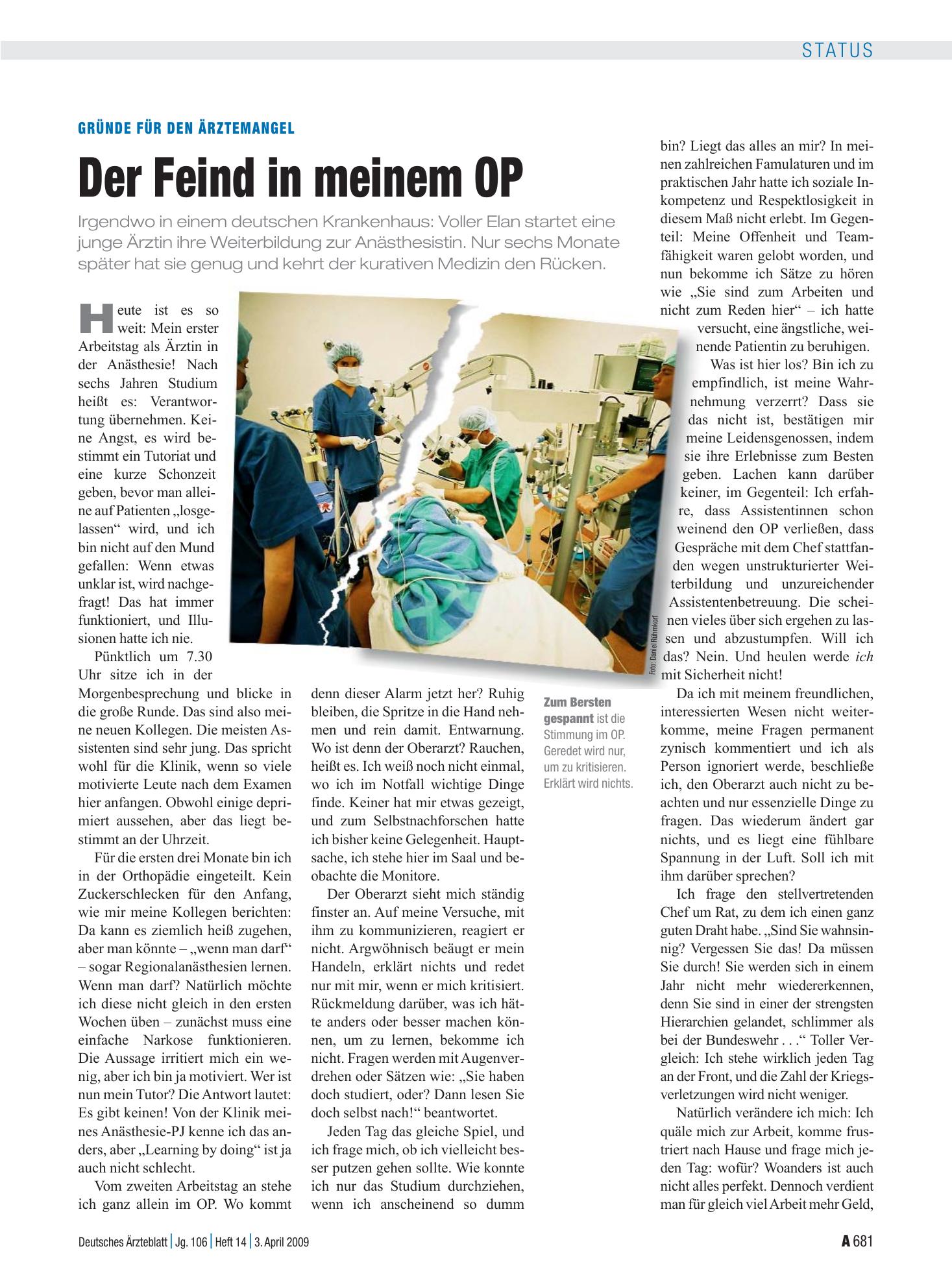 Vorschauseite 1: Gründe für den Ärztemangel: Der Feind in meinem OP – Deutsches Ärzteblatt