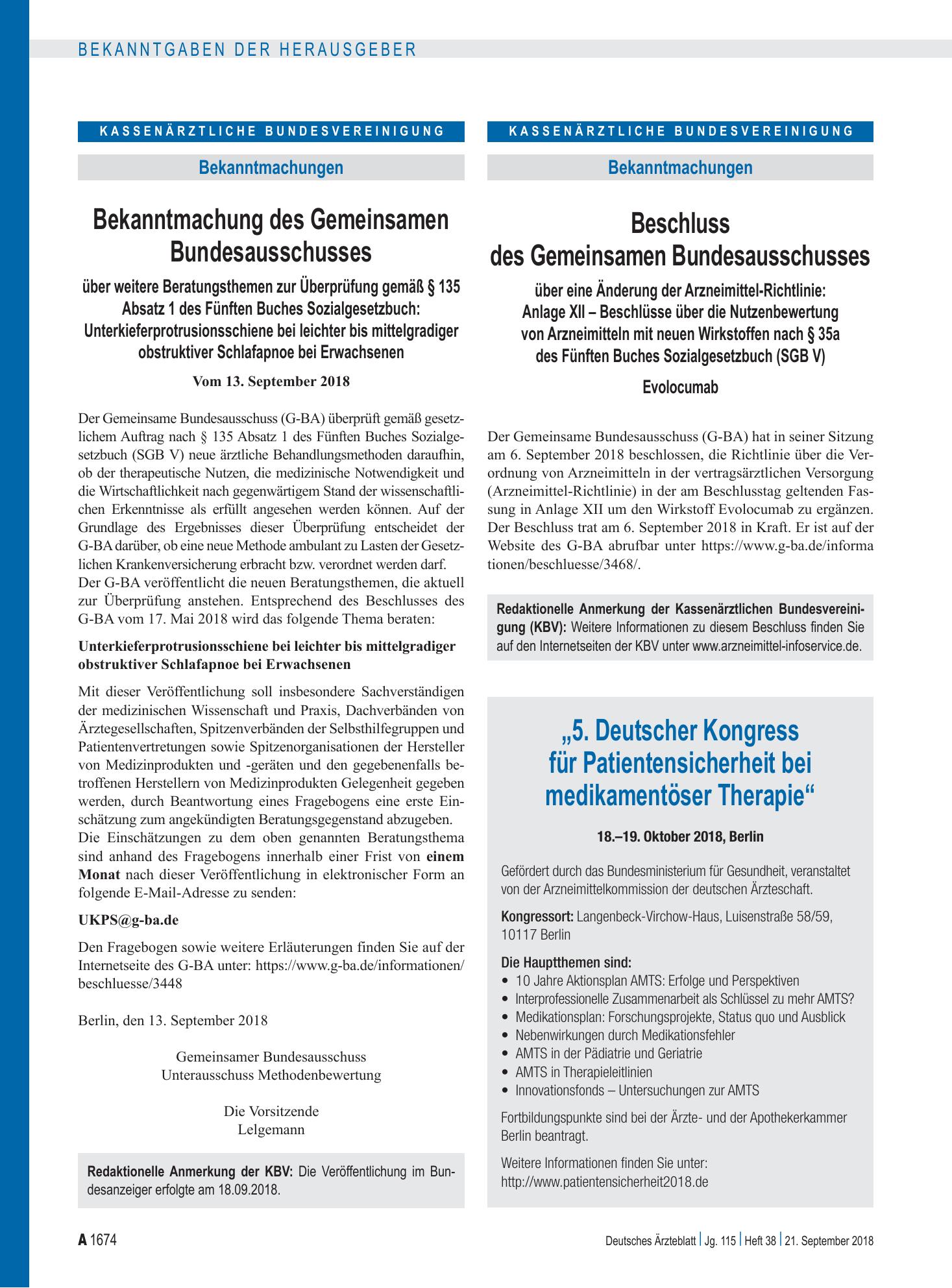 Vorschauseite 1: Beschluss des Gemeinsamen Bundesausschusses über eine Änderung der Arzneimittel-Richtlinie: Anlage XII – Evolocumab – Deutsches Ärzteblatt