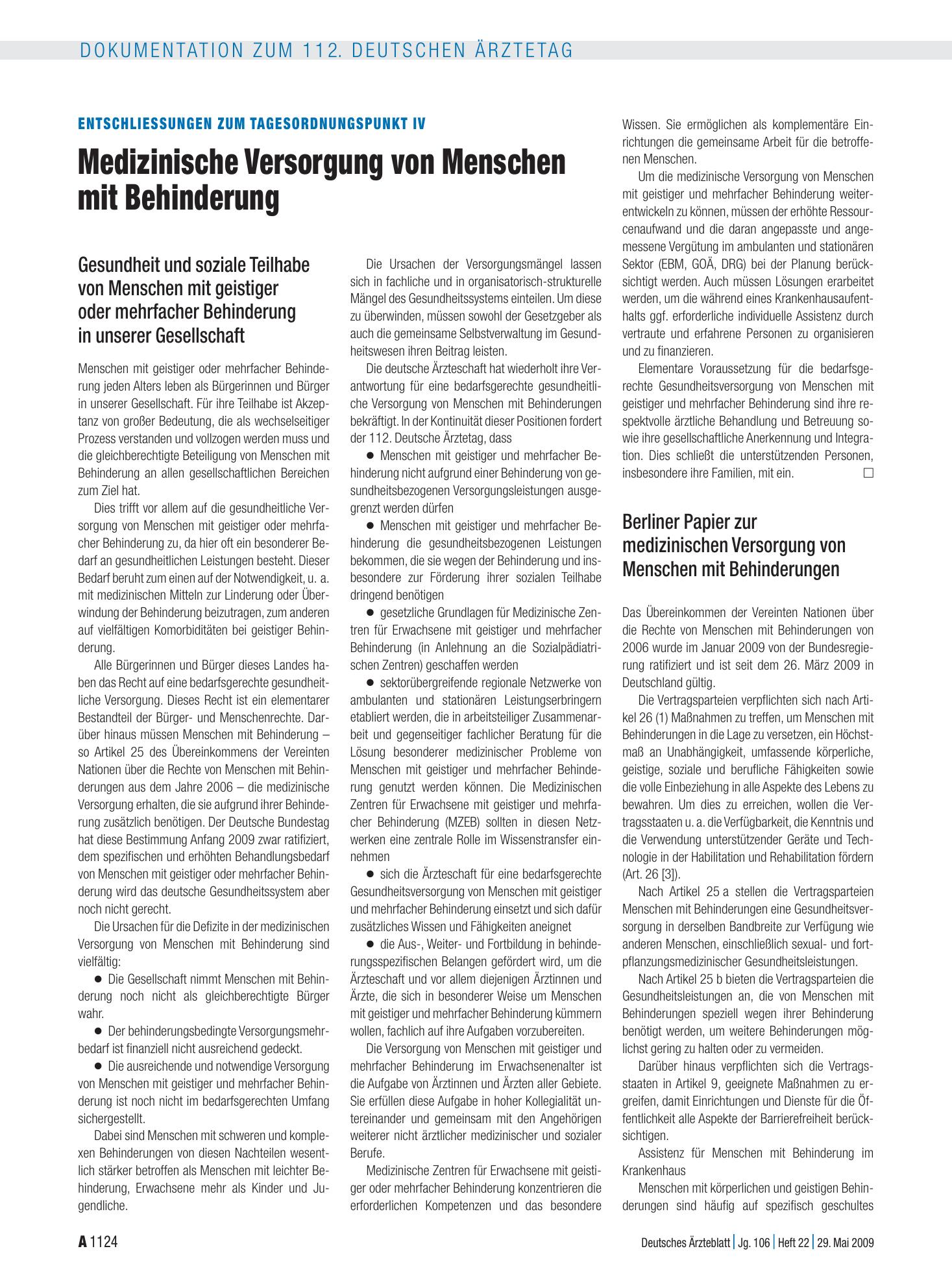 Vorschauseite 1: Entschliessungen zum Tagesordnungspunkt IV: Medizinische Versorgung von Menschen mit Behinderung – Deutsches Ärzteblatt