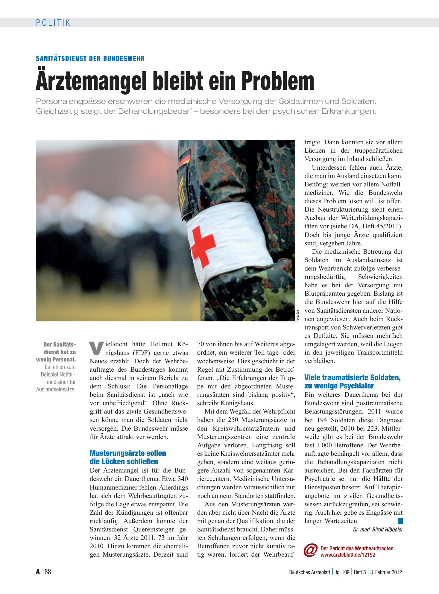 Vorschauseite 1: Sanitätsdienst der Bundeswehr: Ärztemangel bleibt ein Problem – Deutsches Ärzteblatt