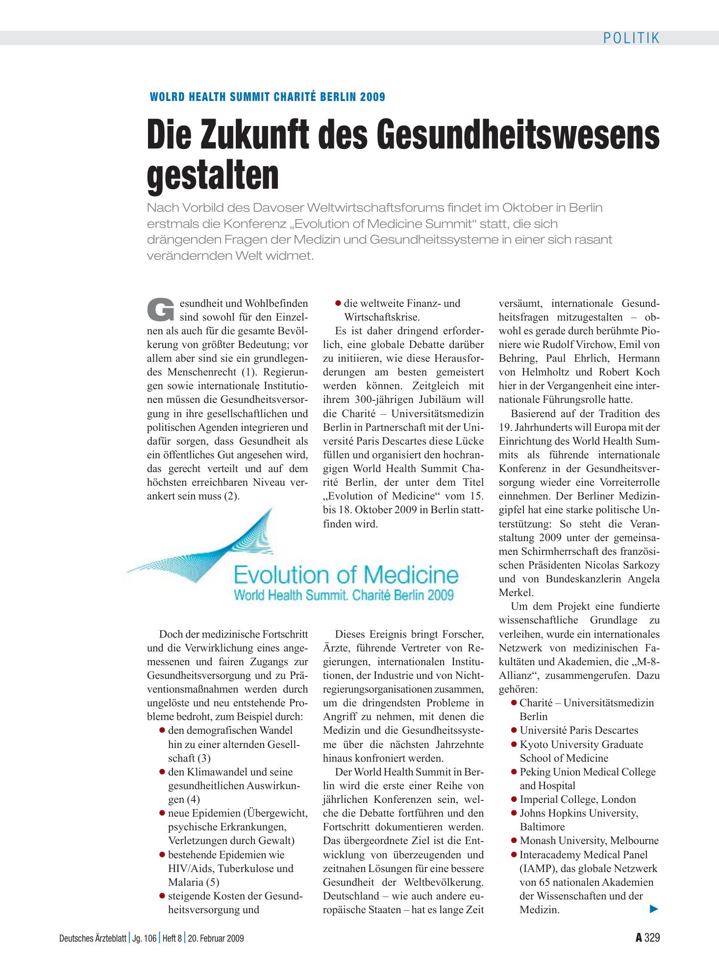 Vorschauseite 1: World Health Summit Charité Berlin 2009: Die Zukunft des Gesundheitswesens gestalten – Deutsches Ärzteblatt